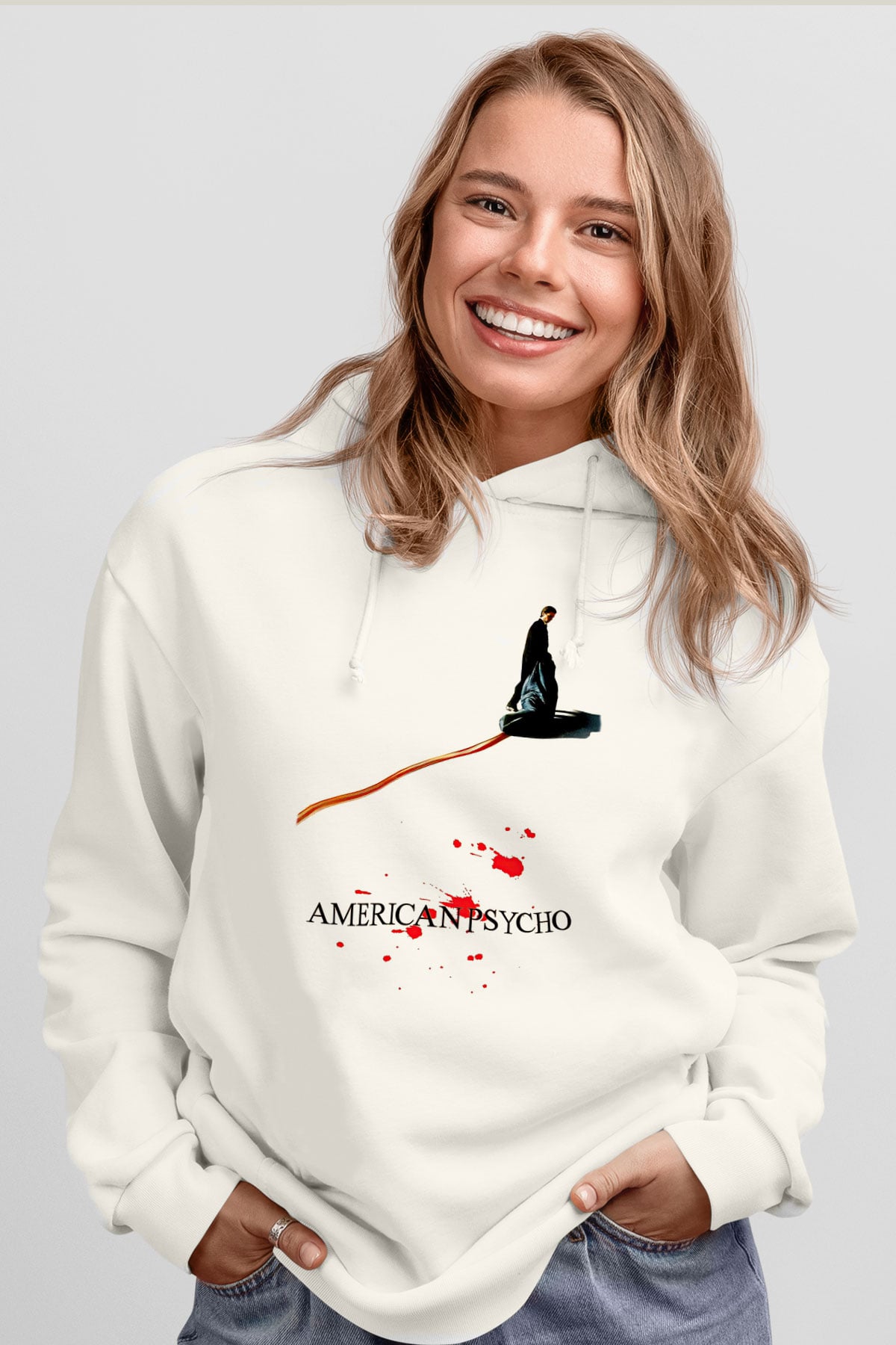American Psycho Baskılı Beyaz Unisex Hoodie