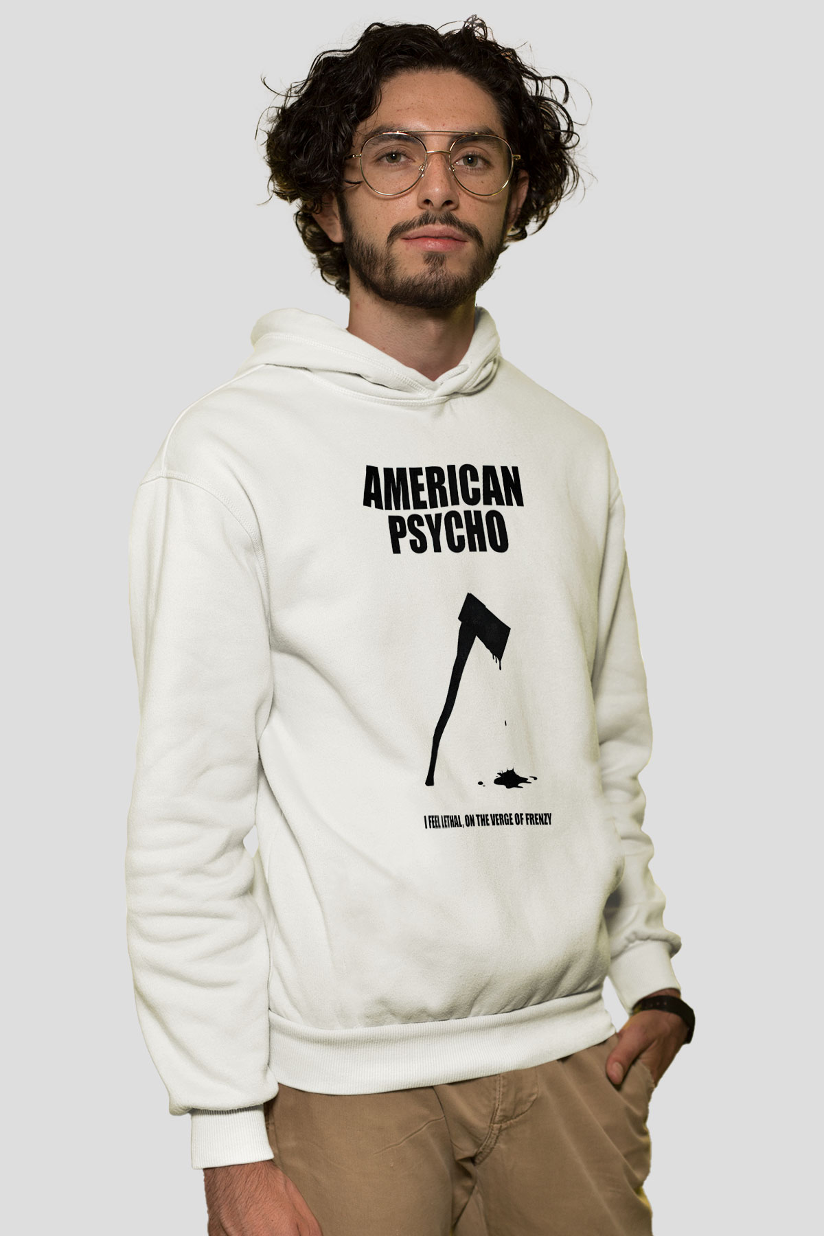 American Psycho Baskılı Beyaz Unisex Hoodie