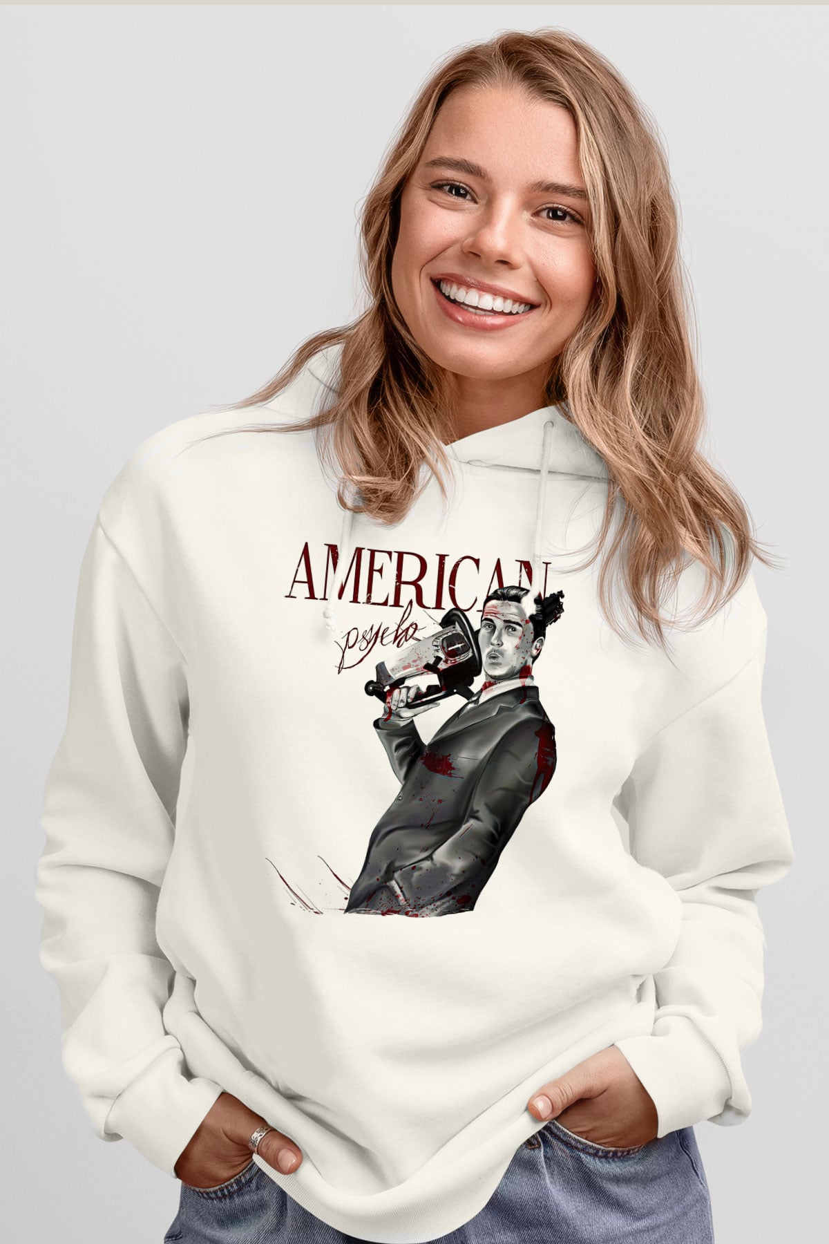 American Psycho Baskılı Beyaz Unisex Hoodie