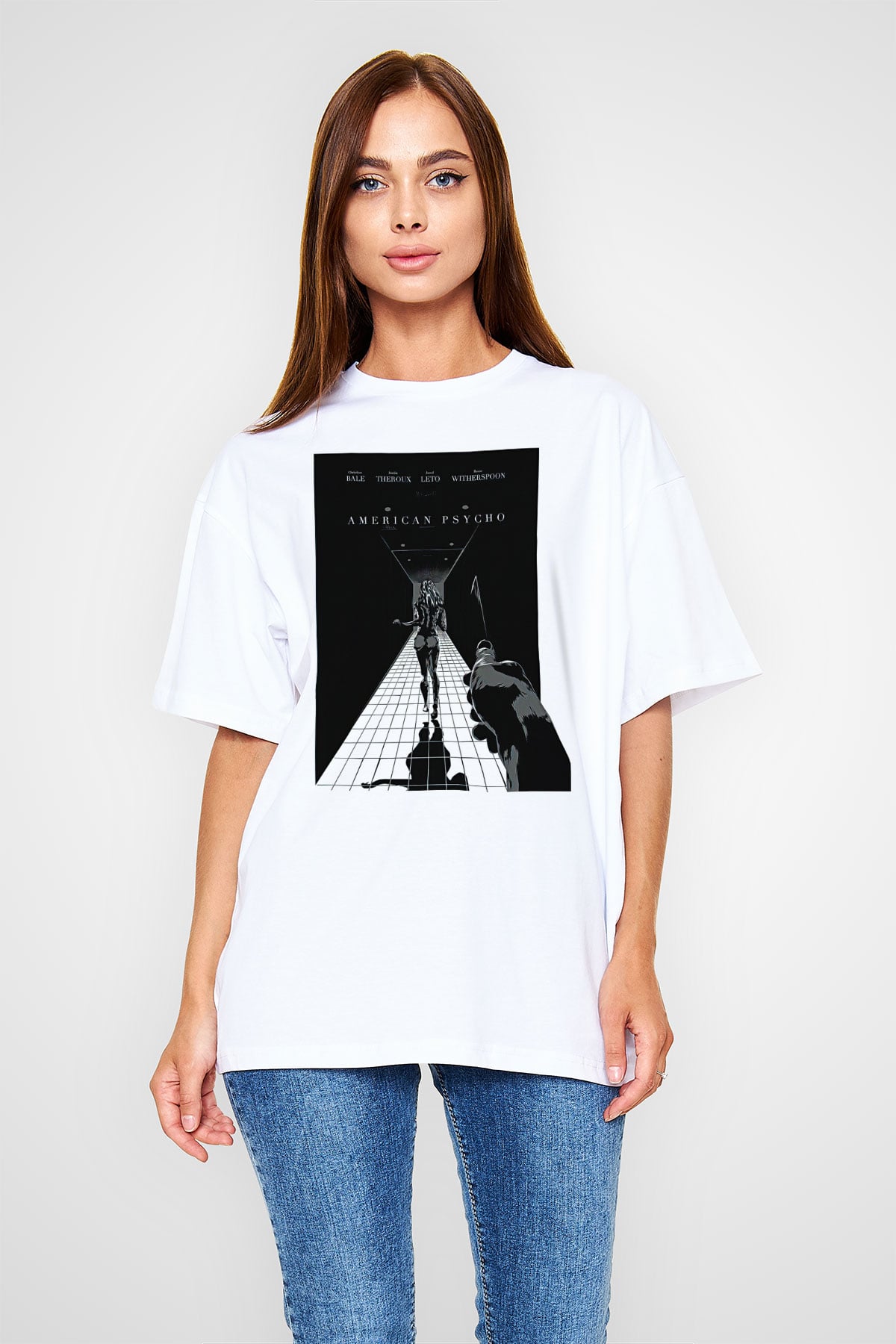 American Psycho Baskılı Beyaz Unisex Oversize Tişört - Tshirt