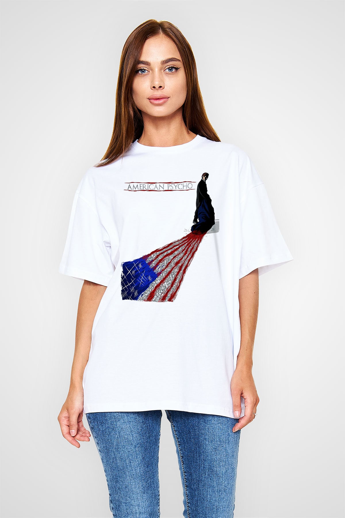 American Psycho Baskılı Beyaz Unisex Oversize Tişört - Tshirt