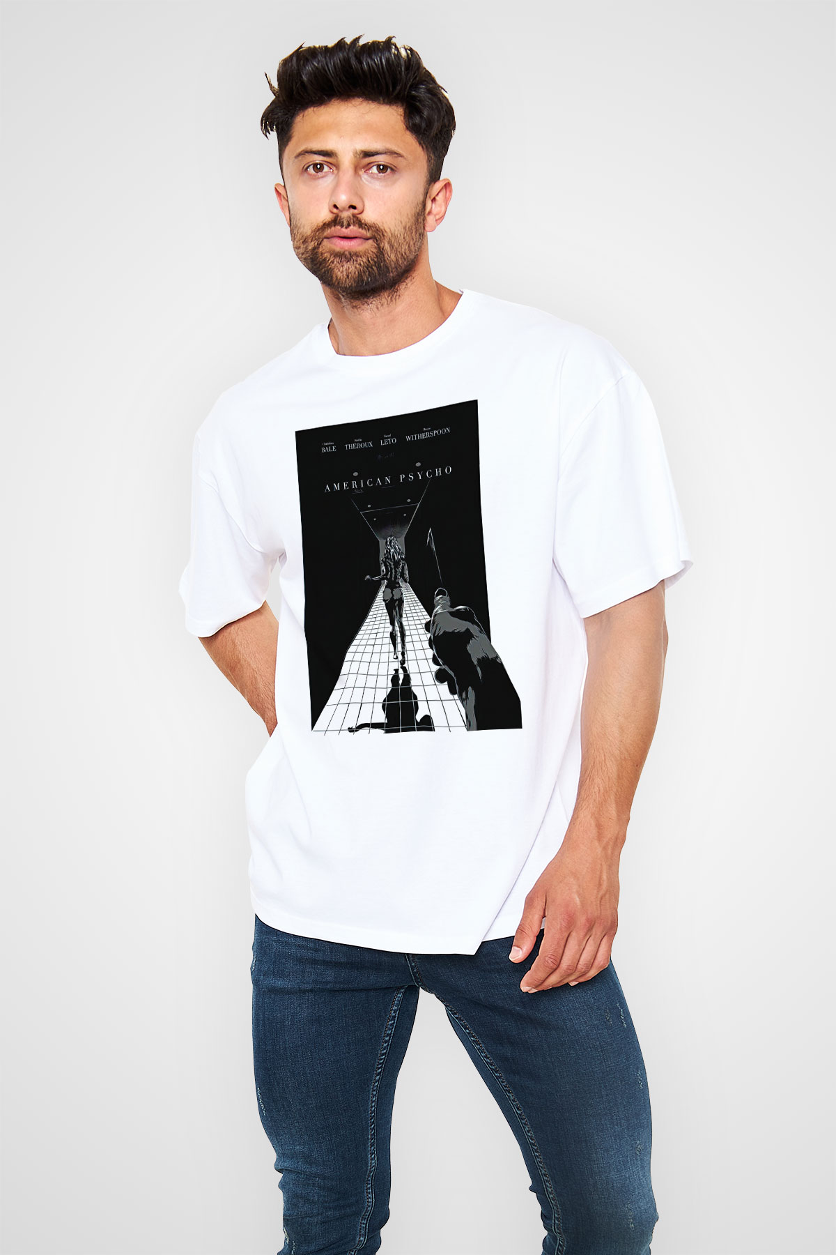 American Psycho Baskılı Beyaz Unisex Oversize Tişört - Tshirt