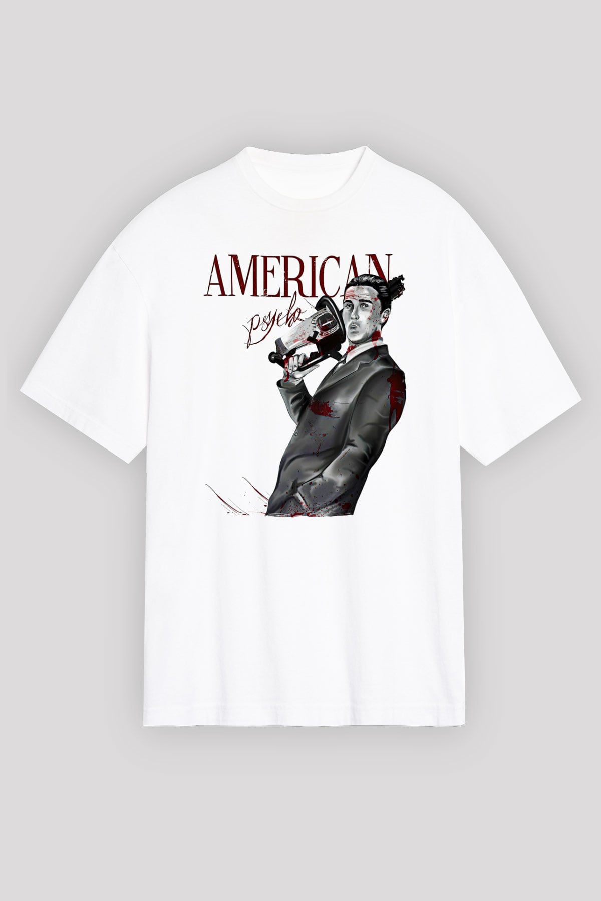 American Psycho Baskılı Beyaz Unisex Oversize Tişört - Tshirt