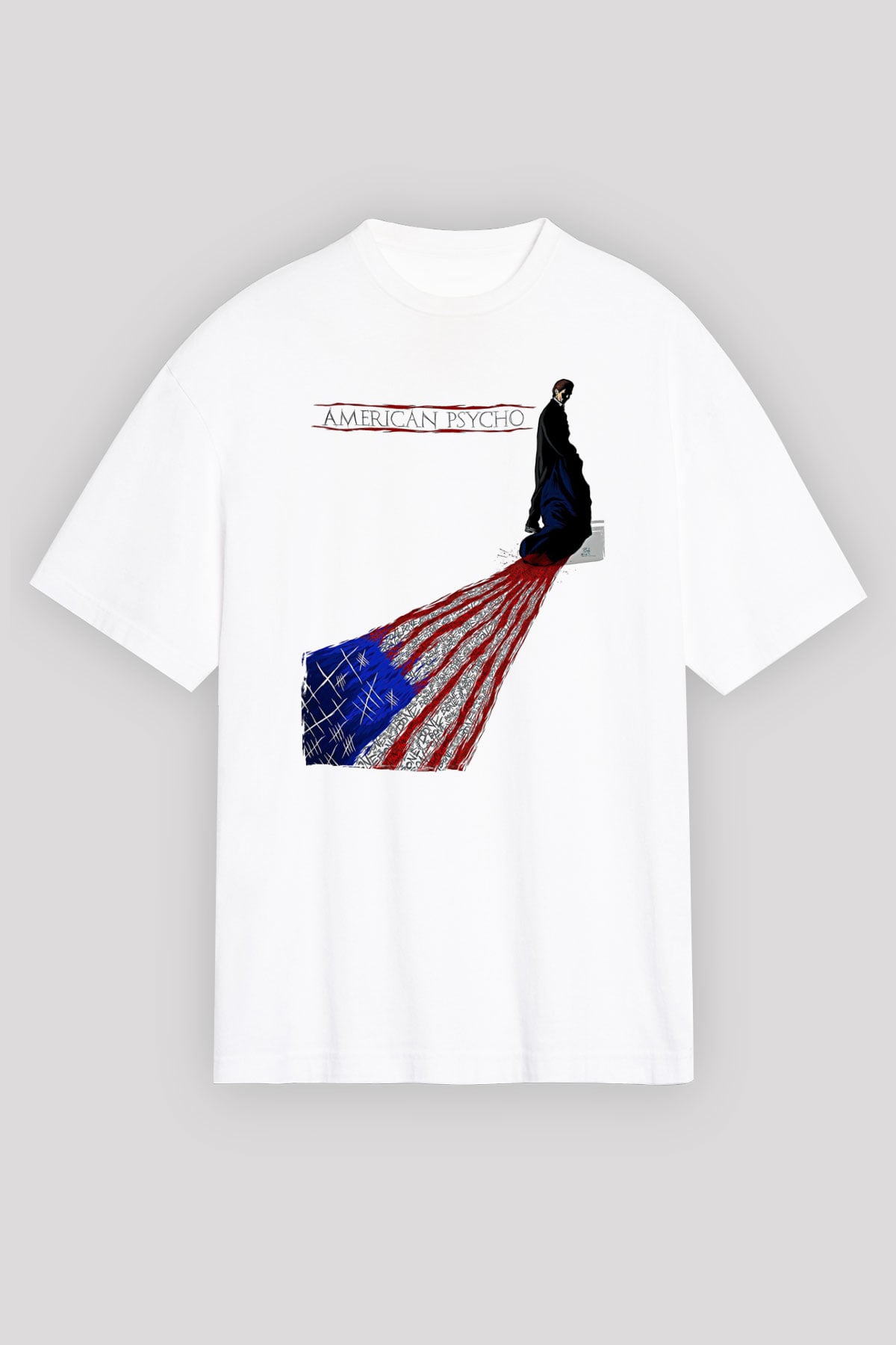 American Psycho Baskılı Beyaz Unisex Oversize Tişört - Tshirt