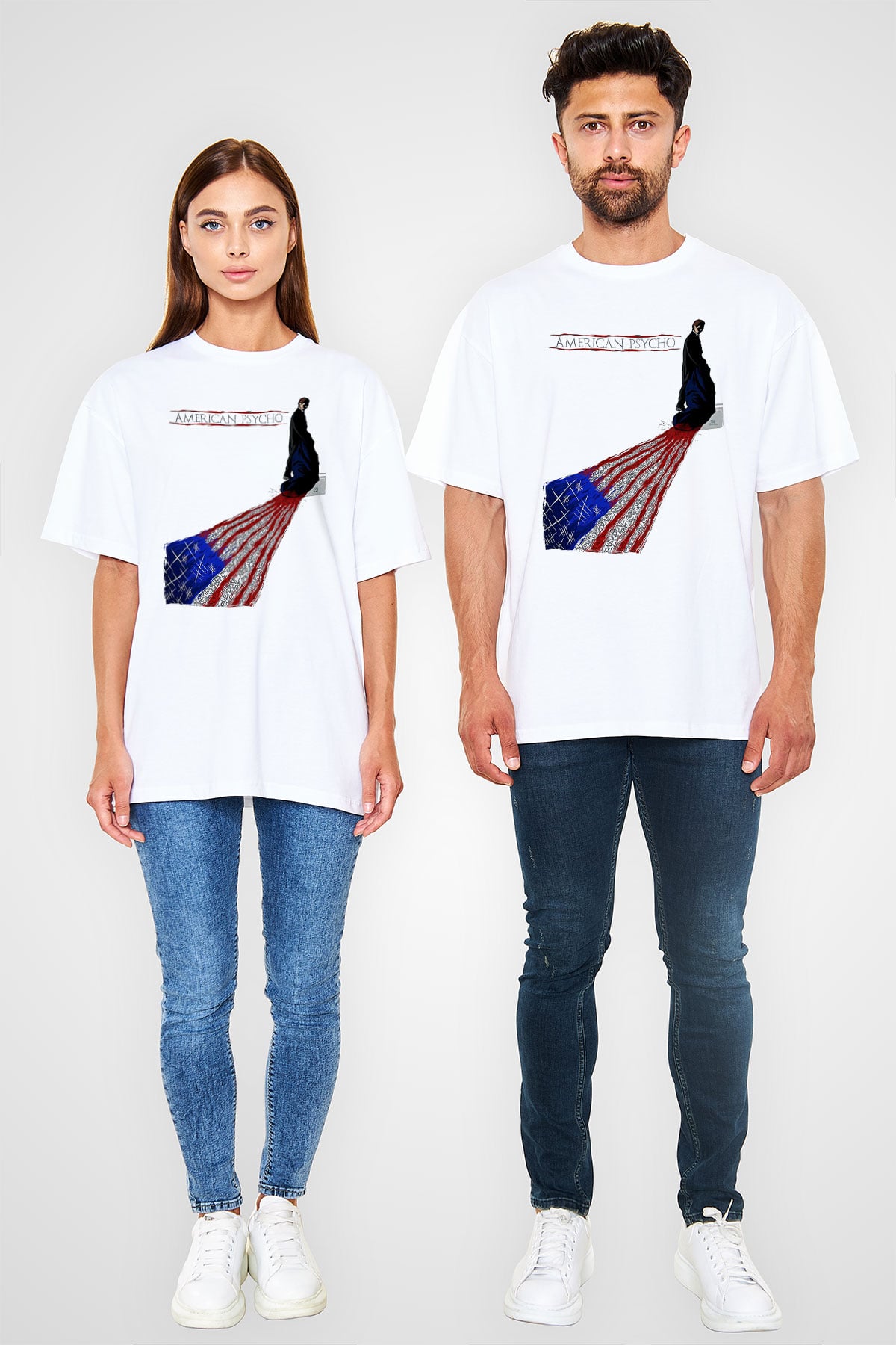 American Psycho Baskılı Beyaz Unisex Oversize Tişört - Tshirt
