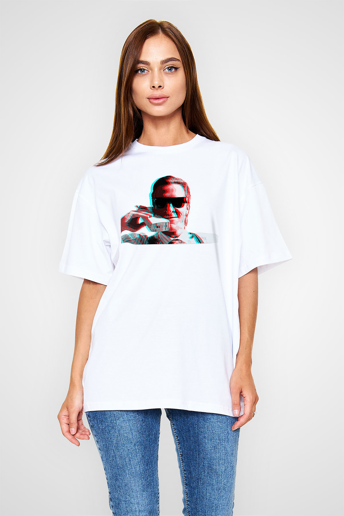 American Psycho Baskılı Beyaz Unisex Oversize Tişört - Tshirt
