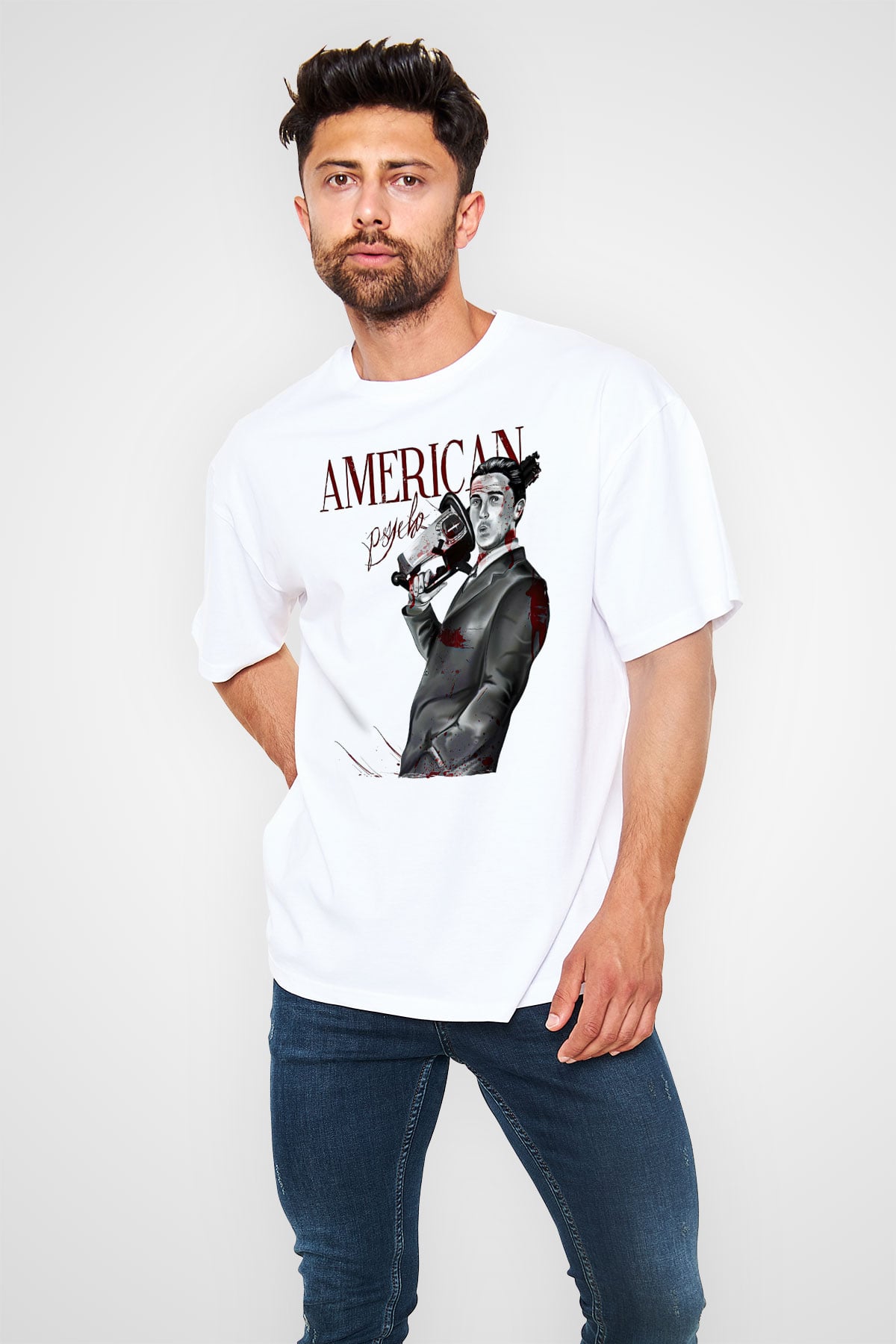 American Psycho Baskılı Beyaz Unisex Oversize Tişört - Tshirt