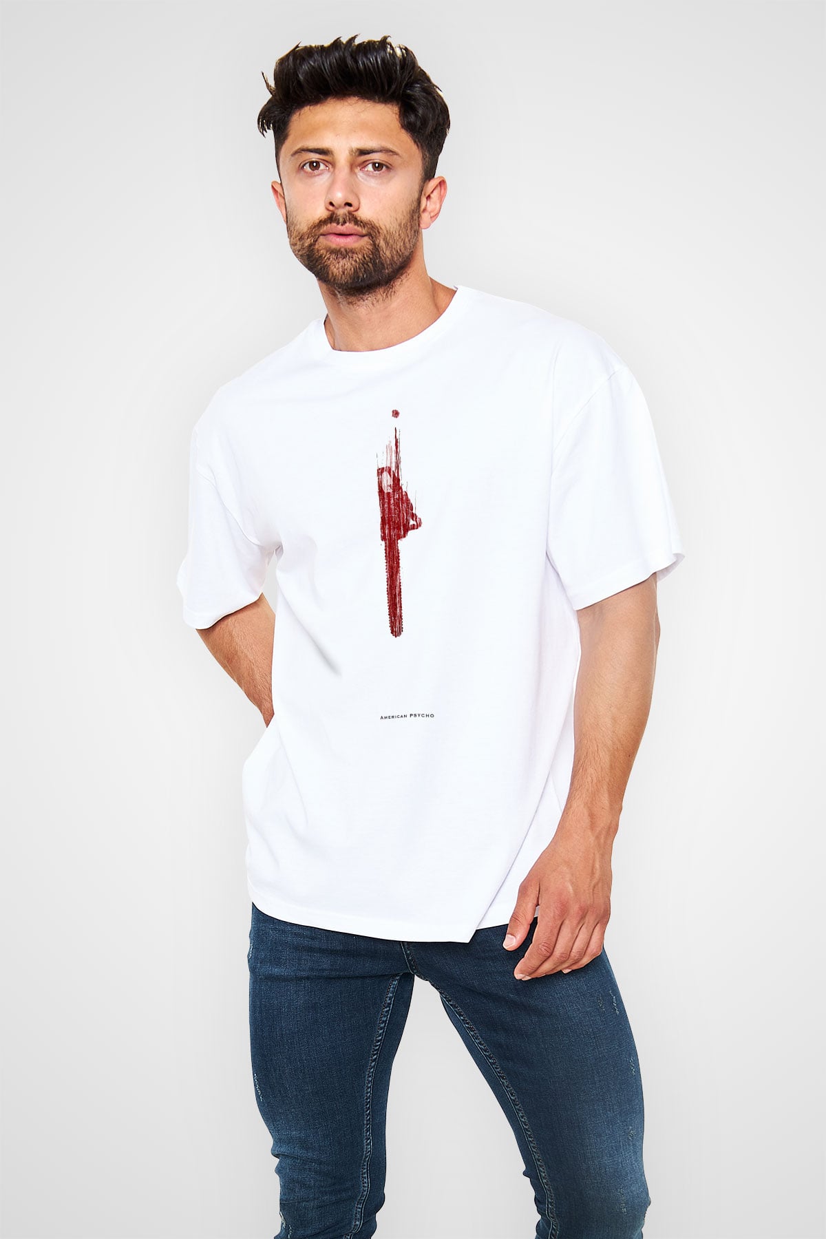 American Psycho Baskılı Beyaz Unisex Oversize Tişört - Tshirt