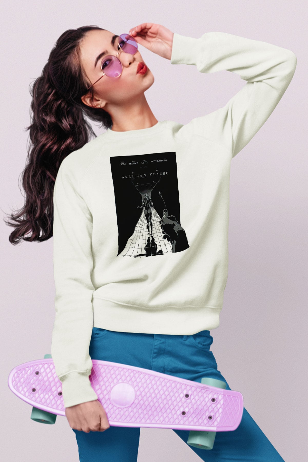 American Psycho Baskılı Beyaz Unisex Sweatshirt