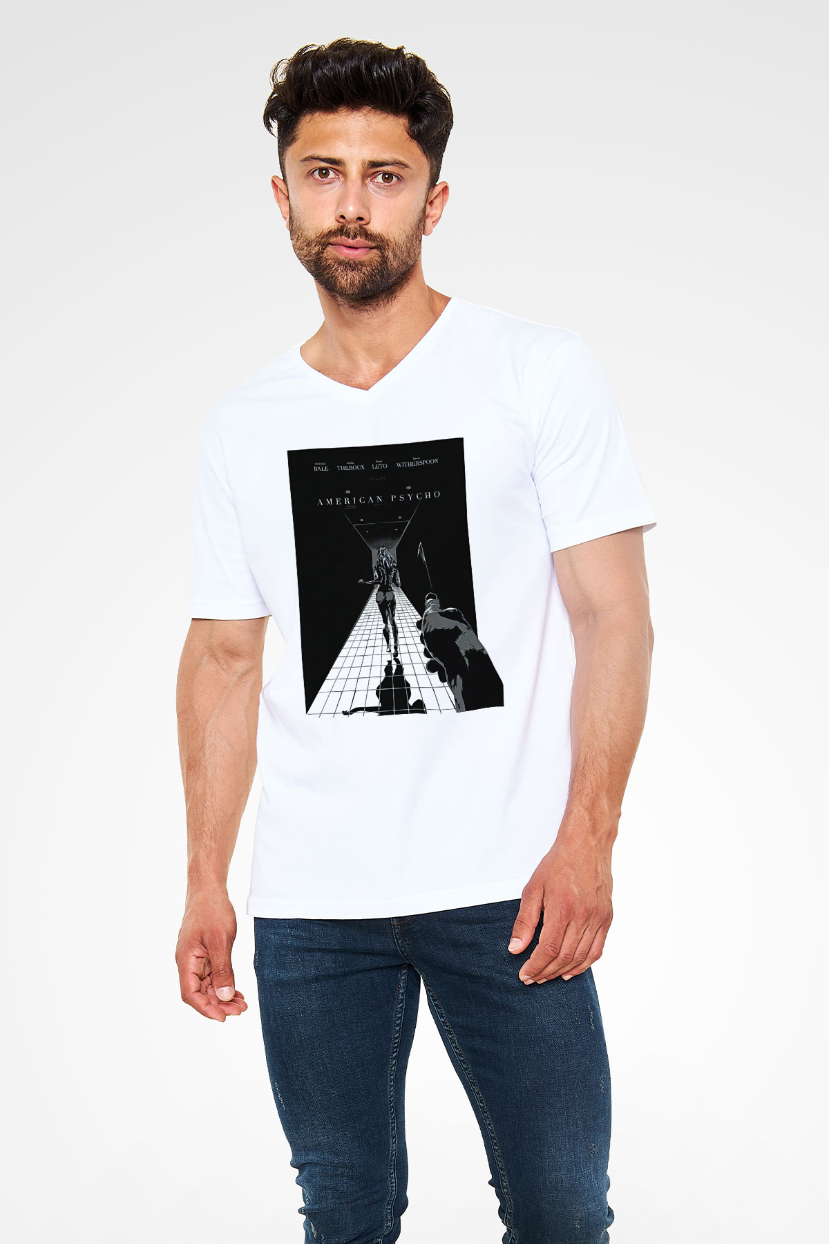 American Psycho Baskılı Beyaz Unisex V Yaka Tişört - Tshirt