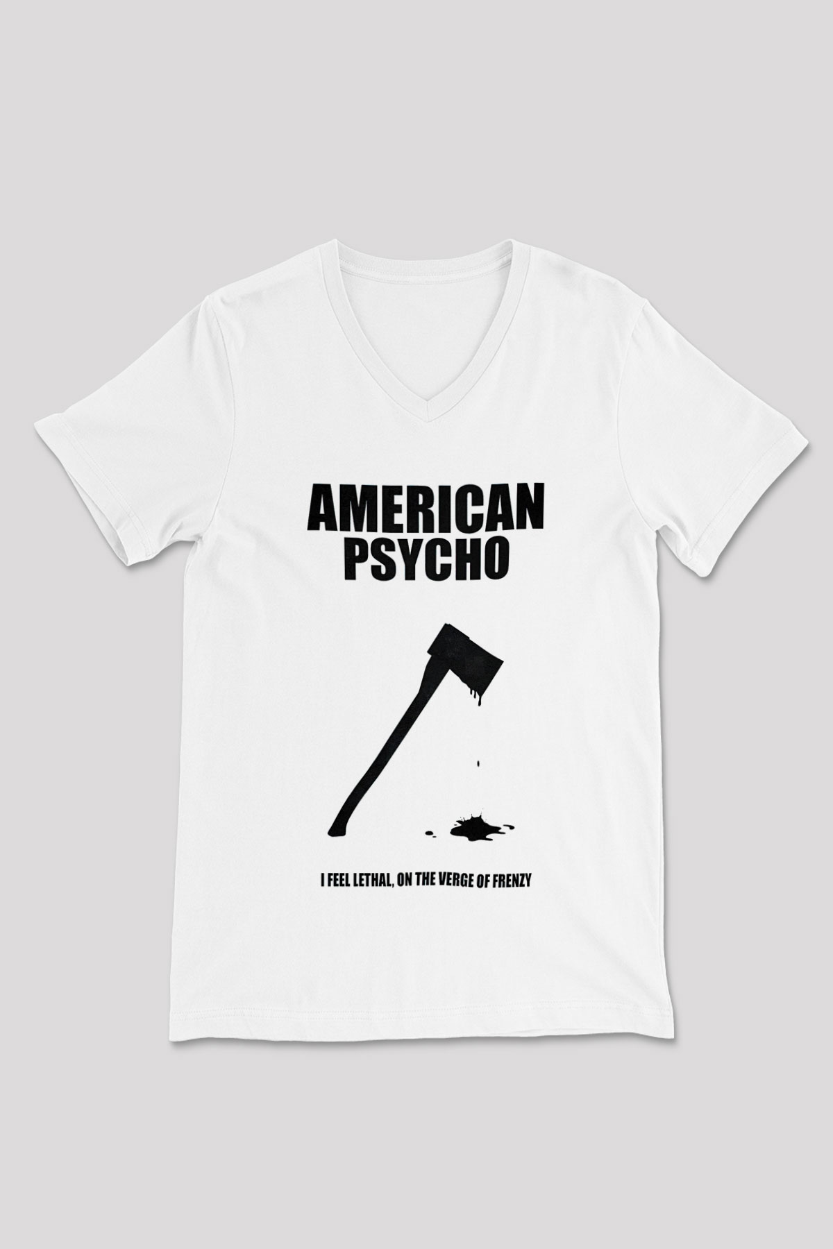 American Psycho Baskılı Beyaz Unisex V Yaka Tişört - Tshirt