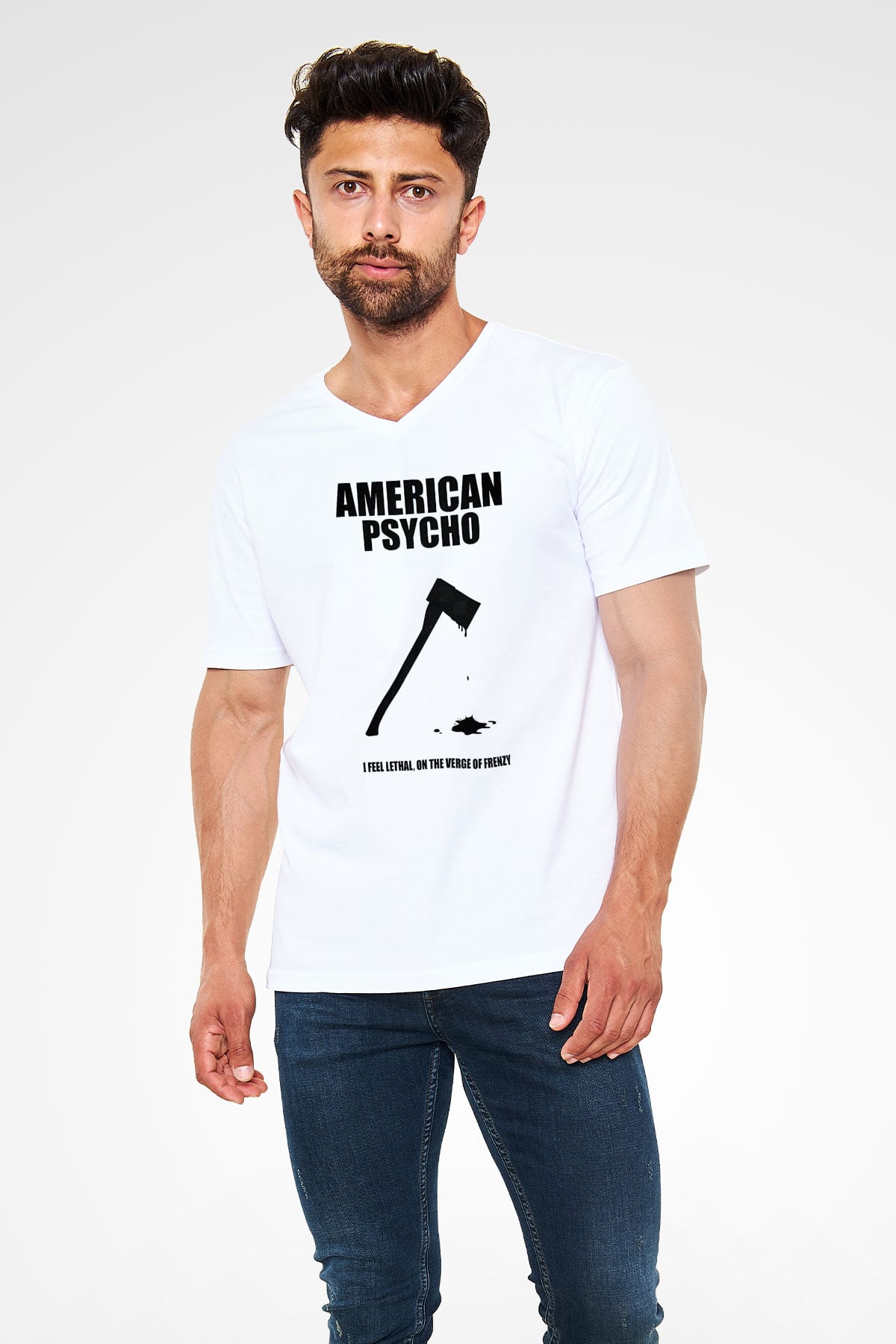 American Psycho Baskılı Beyaz Unisex V Yaka Tişört - Tshirt