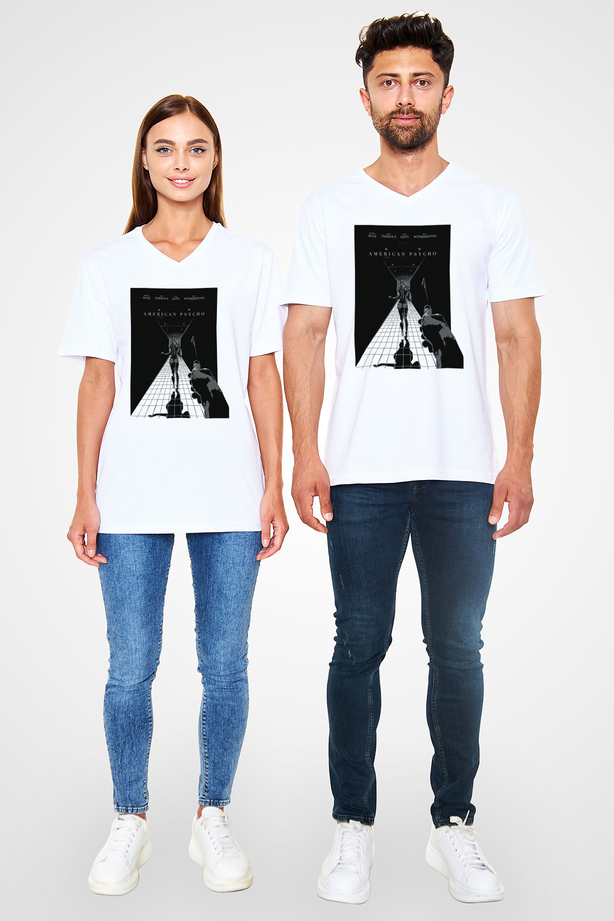 American Psycho Baskılı Beyaz Unisex V Yaka Tişört - Tshirt