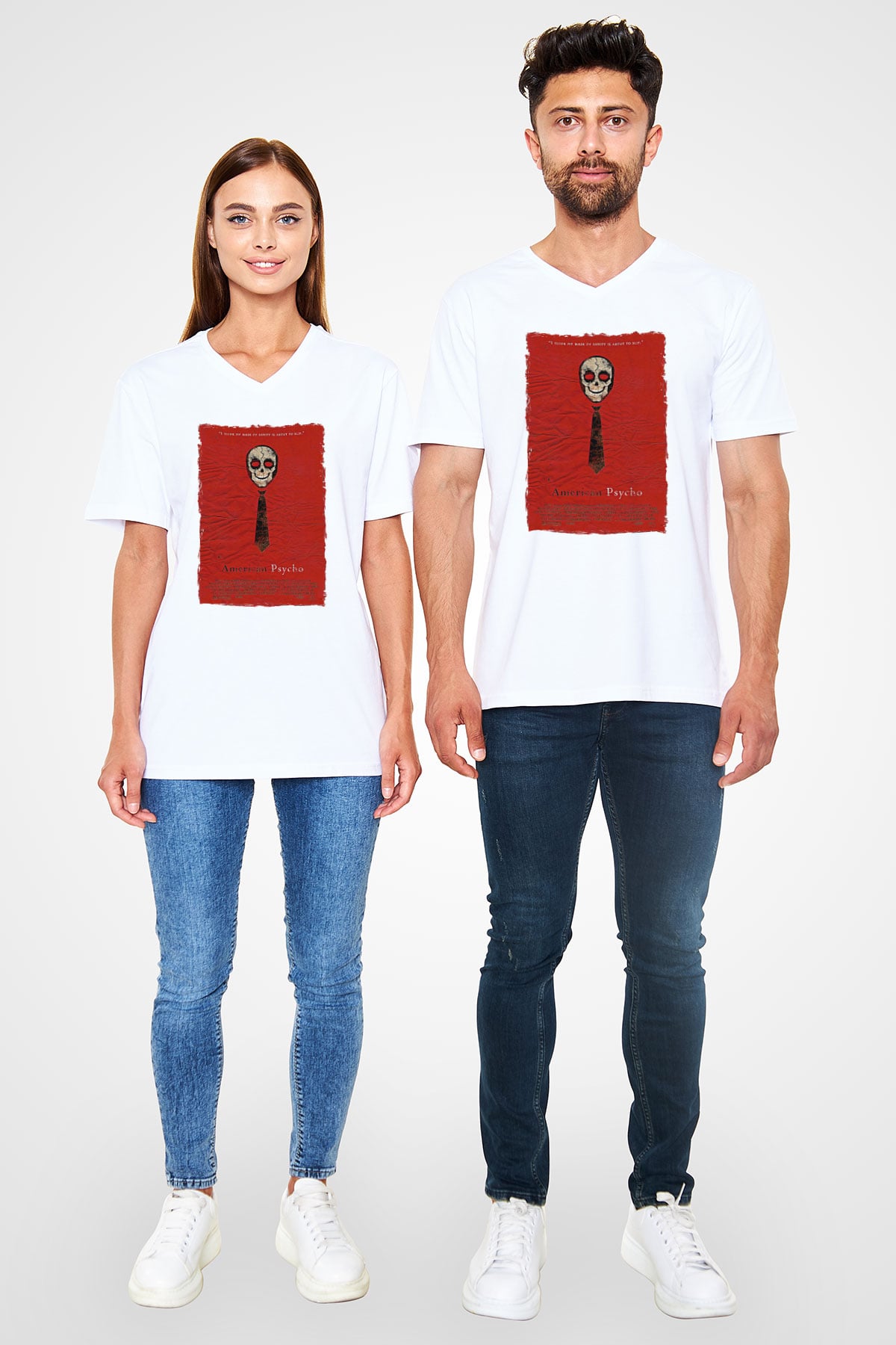 American Psycho Baskılı Beyaz Unisex V Yaka Tişört - Tshirt