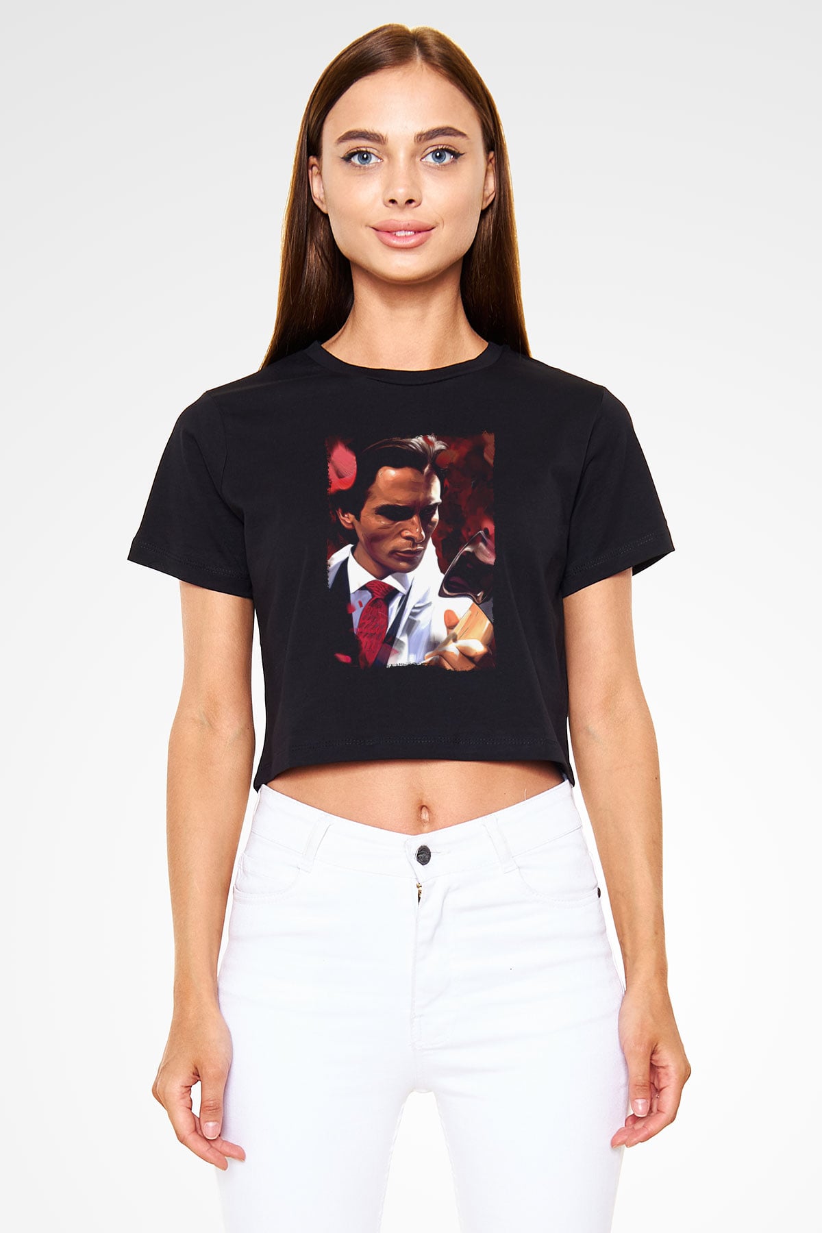 American Psycho Baskılı Siyah Crop Top Kadın Tişört - Tshirt