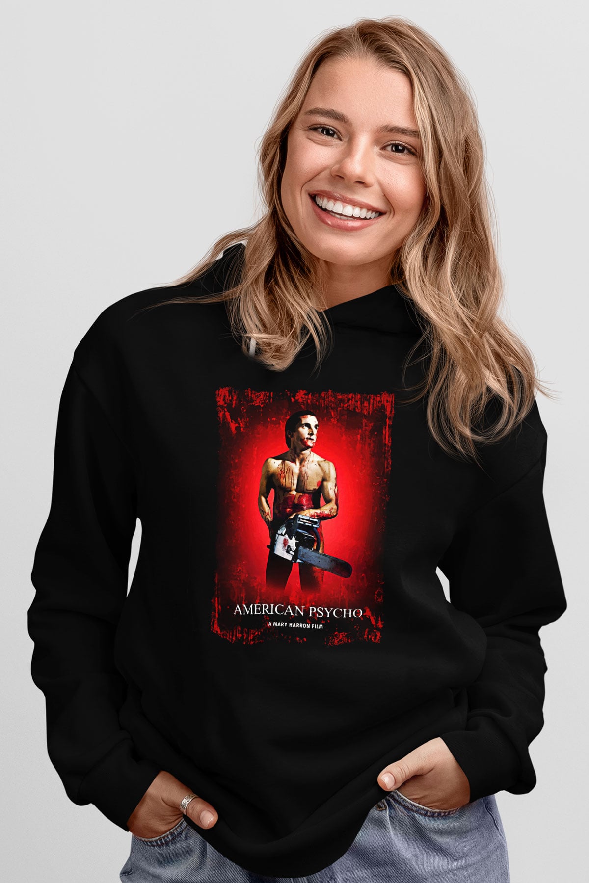 American Psycho Baskılı Unisex Siyah Hoodie