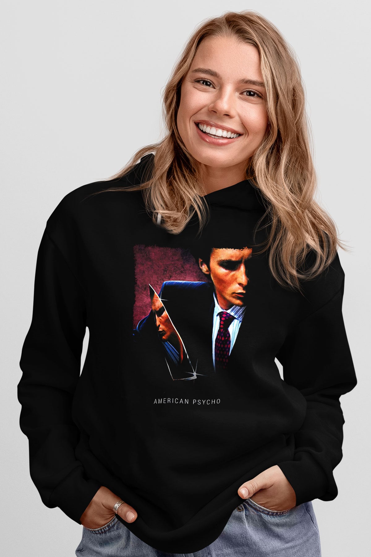 American Psycho Baskılı Unisex Siyah Hoodie