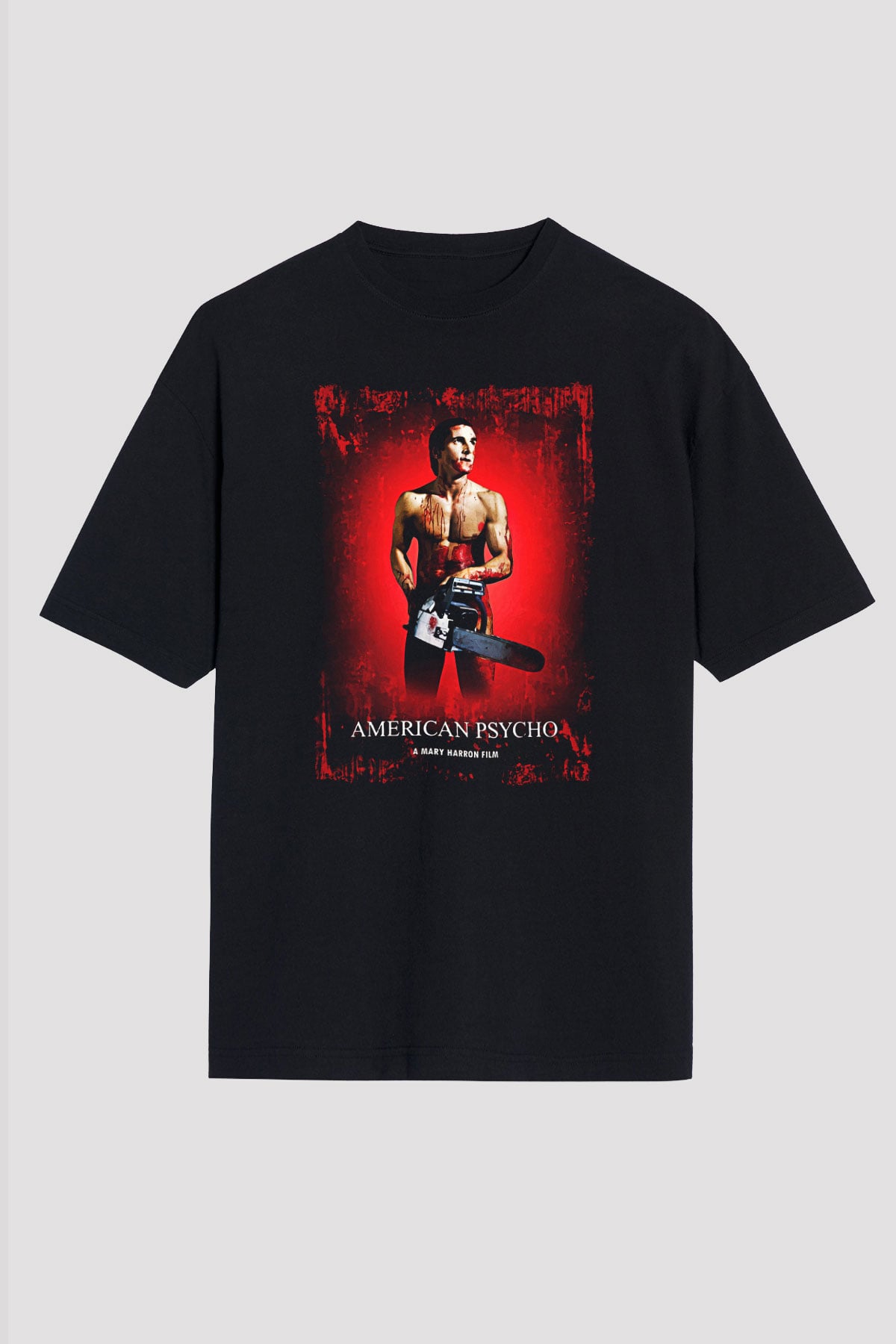 American Psycho Baskılı Unisex Siyah Oversize Tişört - Tshirt