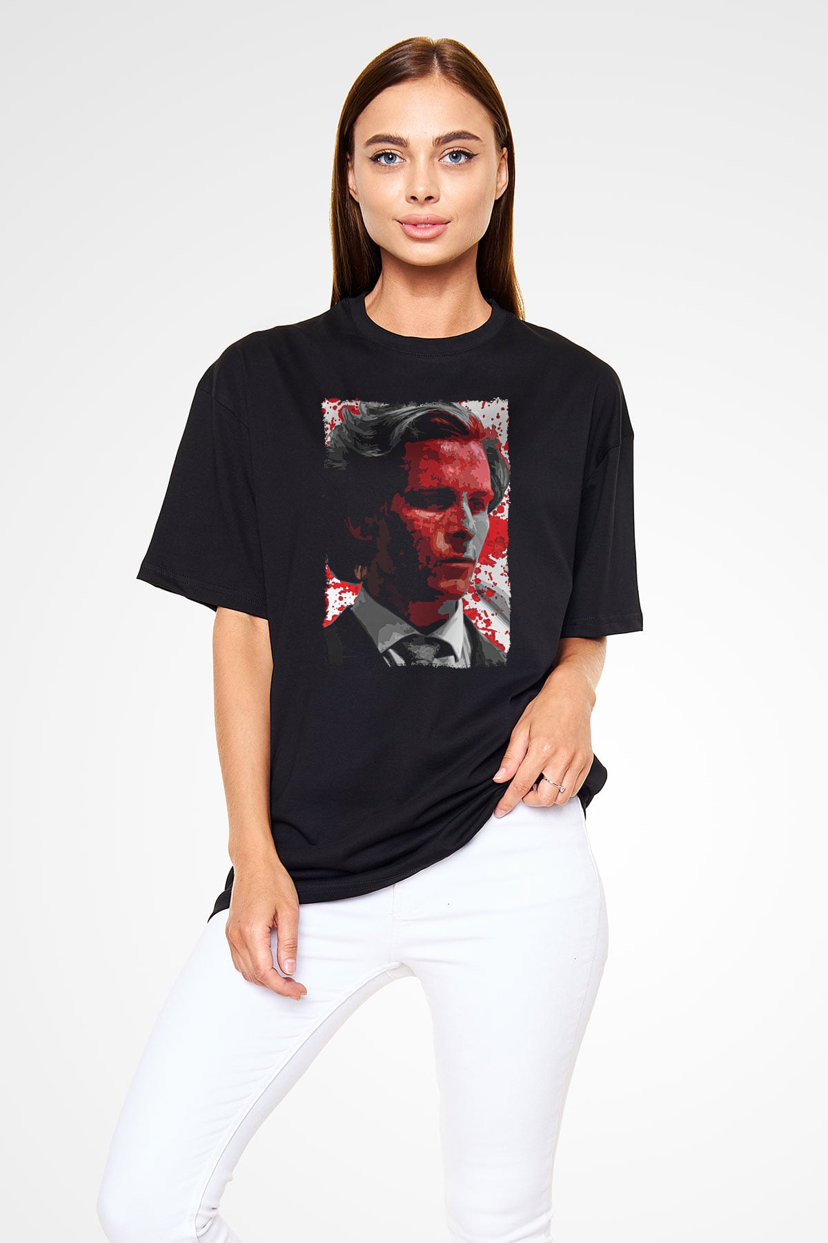 American Psycho Baskılı Unisex Siyah Oversize Tişört - Tshirt