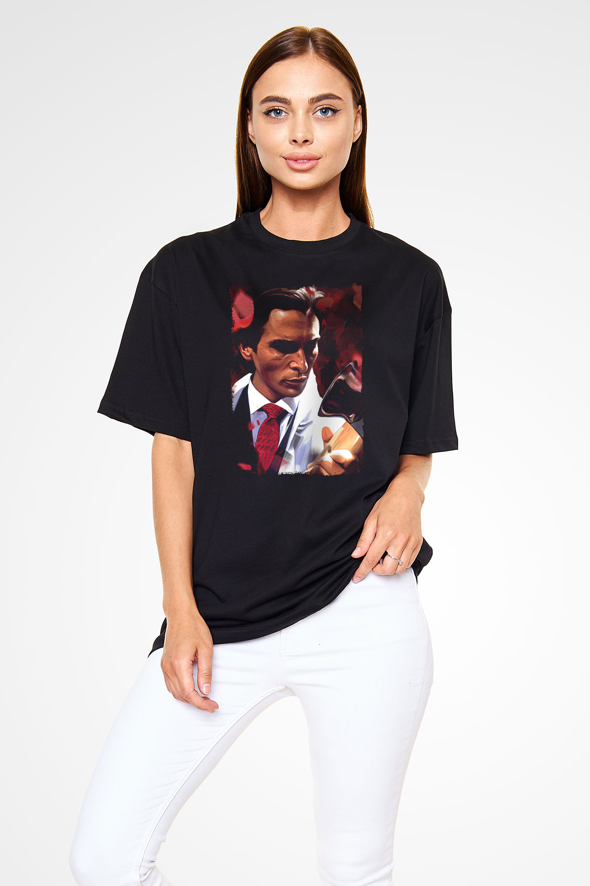 American Psycho Baskılı Unisex Siyah Oversize Tişört - Tshirt