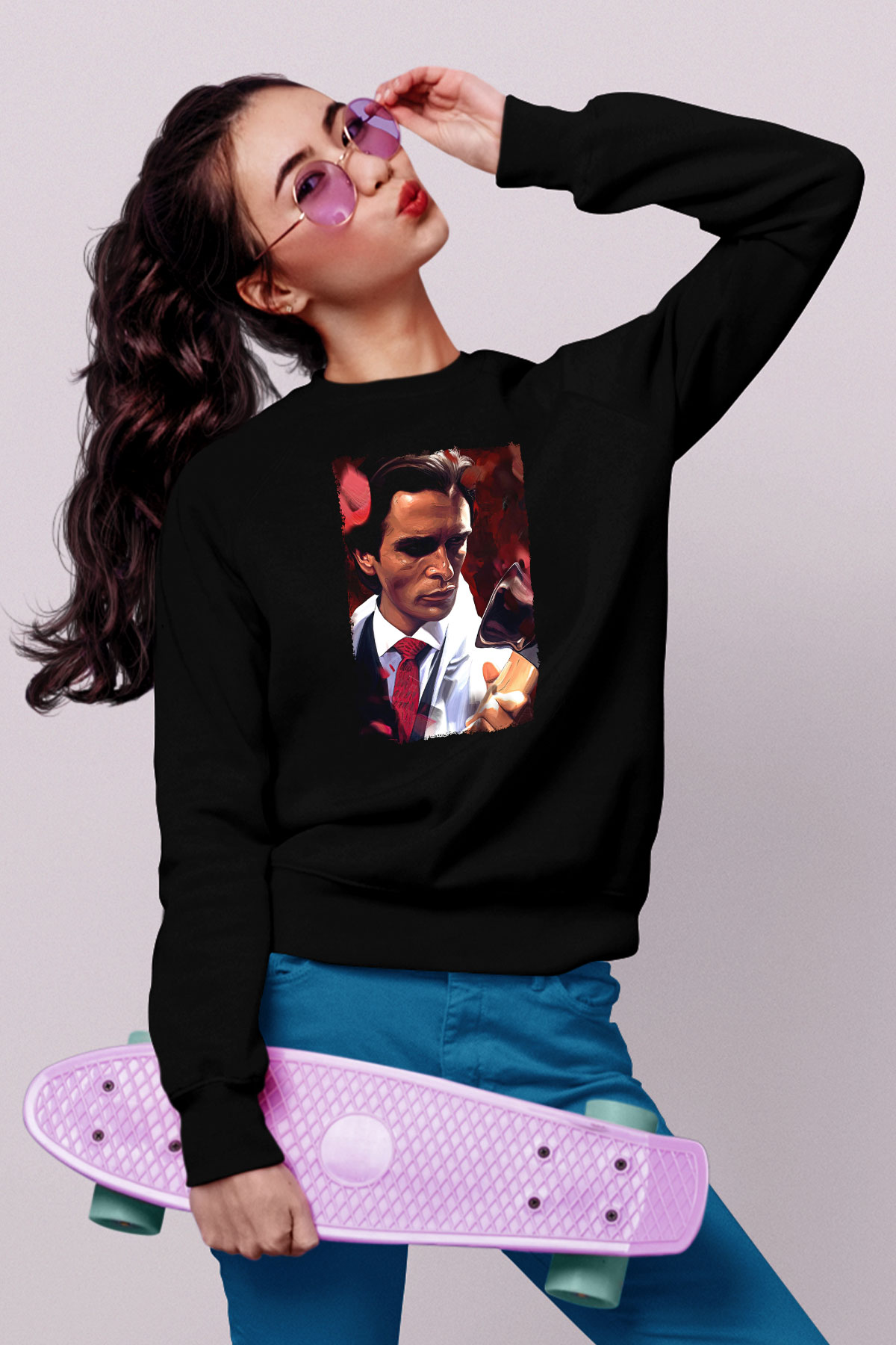 American Psycho Baskılı Unisex Siyah Sweatshirt