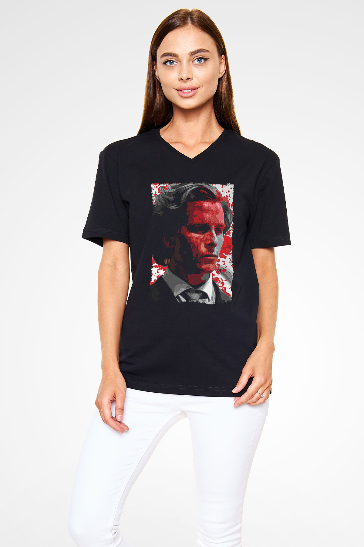 American Psycho Baskılı Unisex Siyah V Yaka Tişört - Tshirt