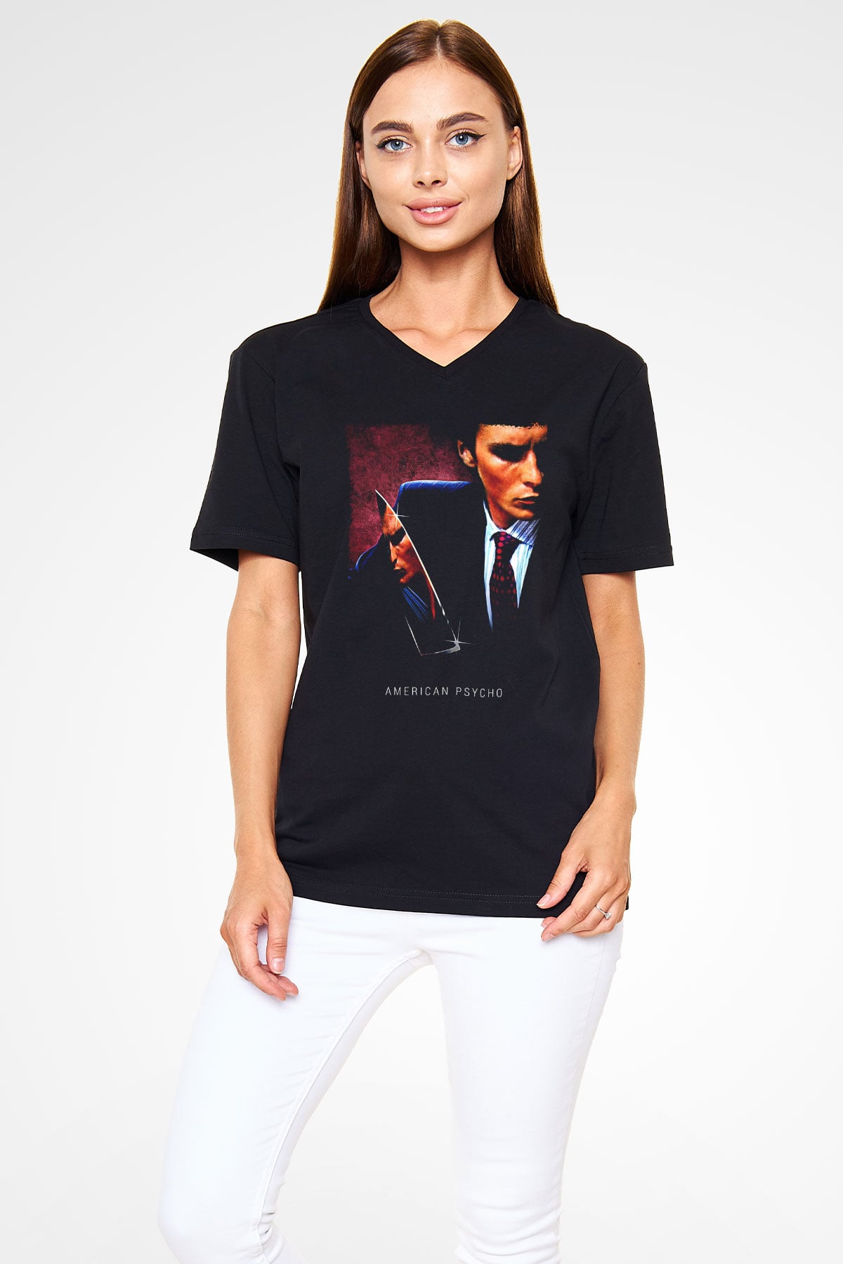 American Psycho Baskılı Unisex Siyah V Yaka Tişört - Tshirt