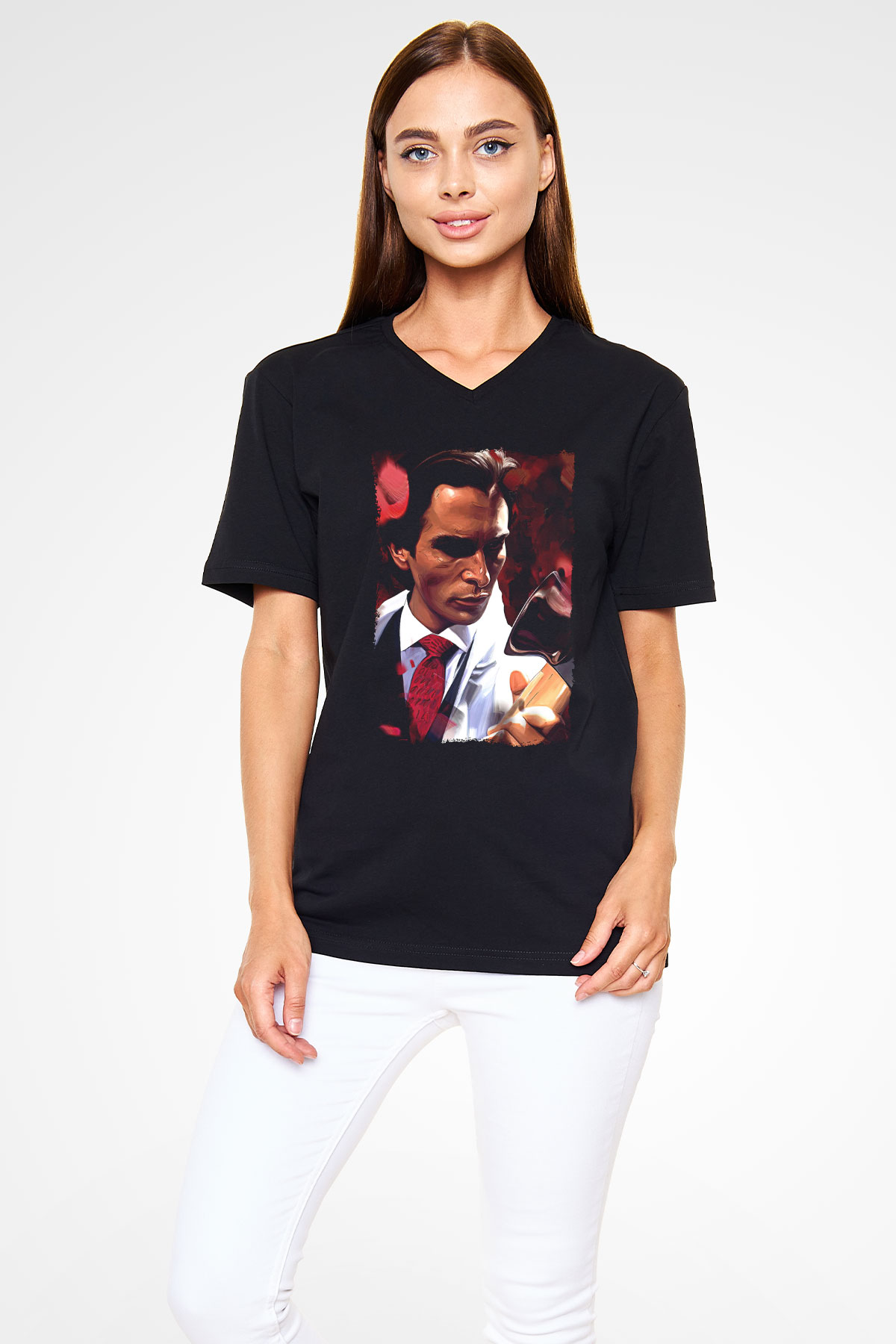 American Psycho Baskılı Unisex Siyah V Yaka Tişört - Tshirt