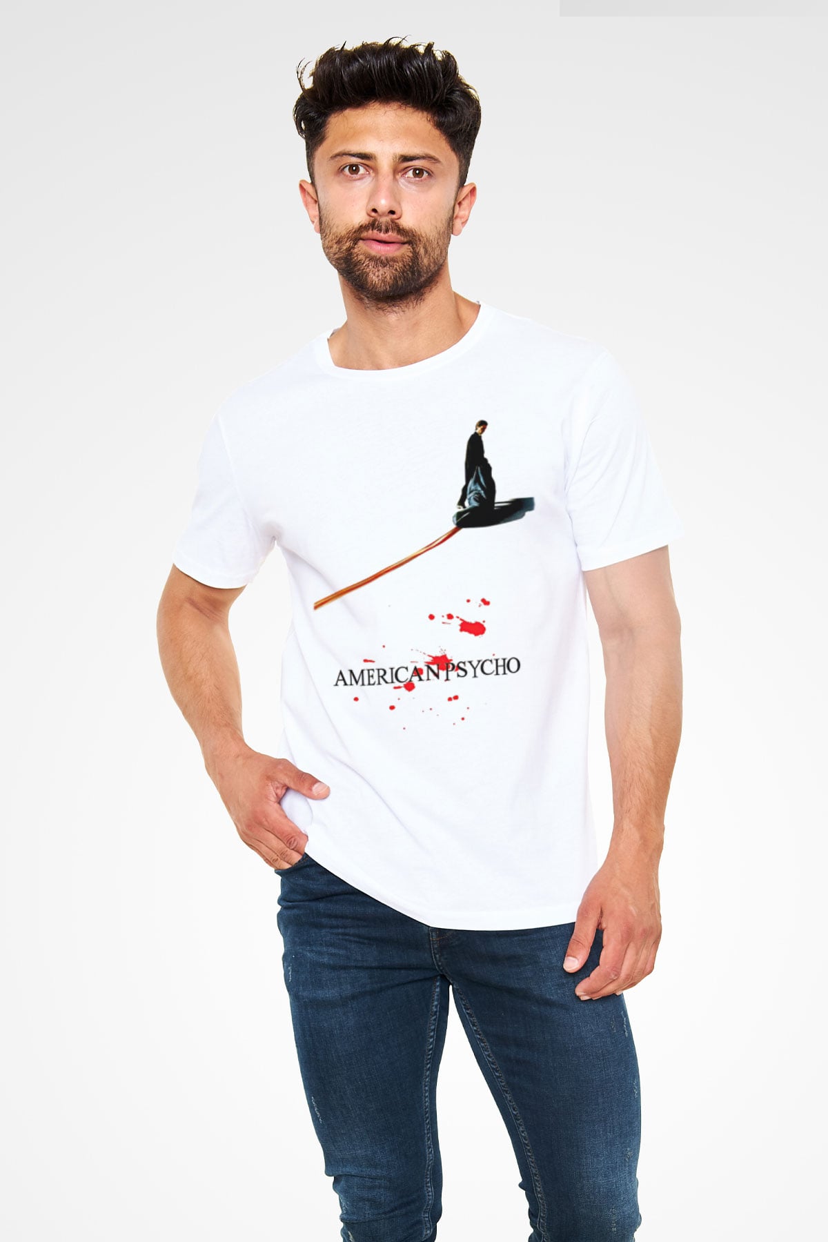 American Psycho Unisex Baskılı Beyaz Tişört - Tshirt