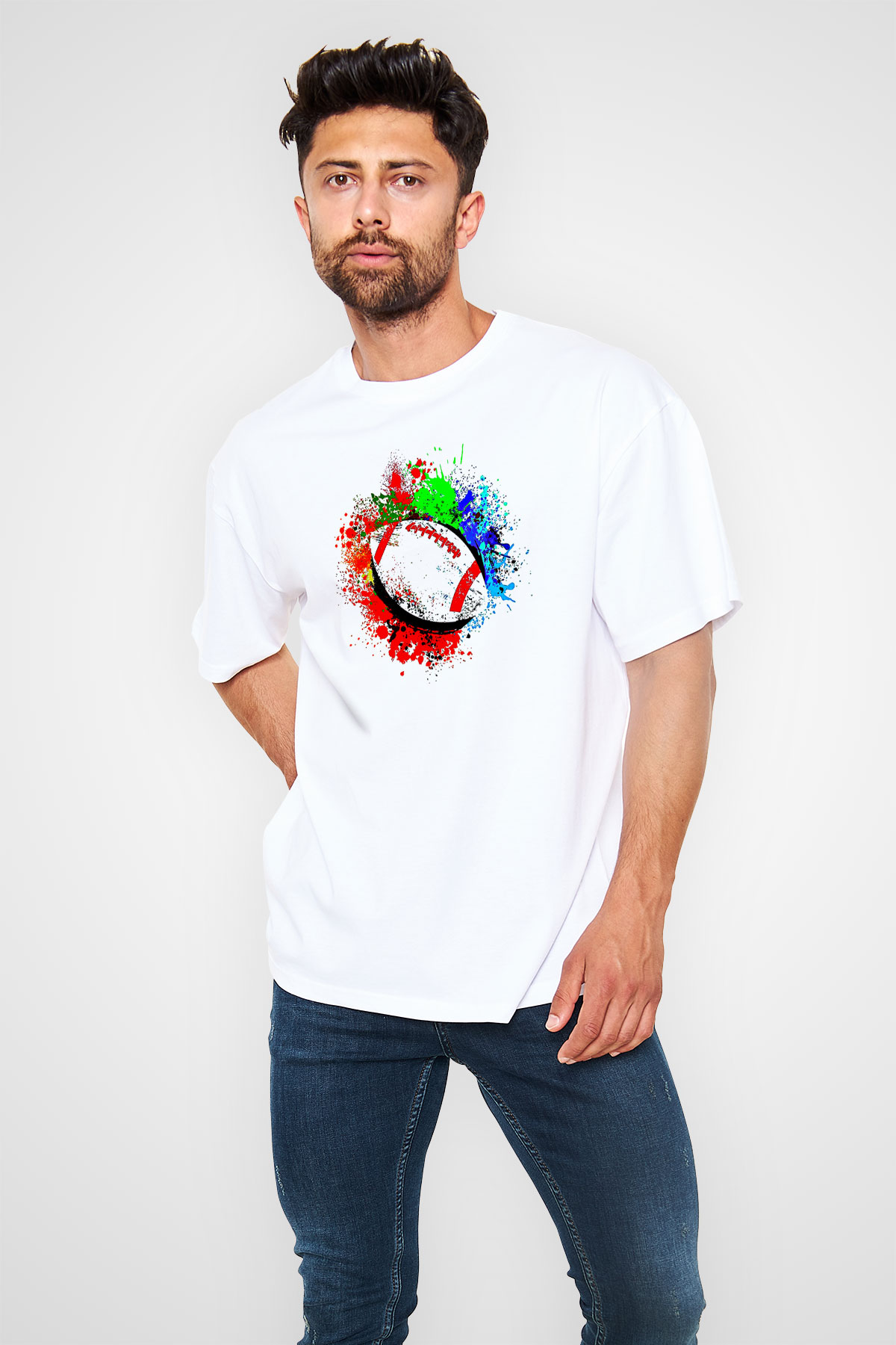 Amerikan Futbolu Baskılı Unisex Beyaz Oversize Tişört - Tshirt