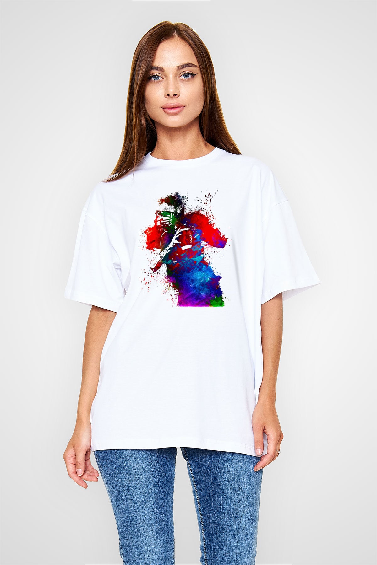 Amerikan Futbolu Baskılı Unisex Beyaz Oversize Tişört - Tshirt