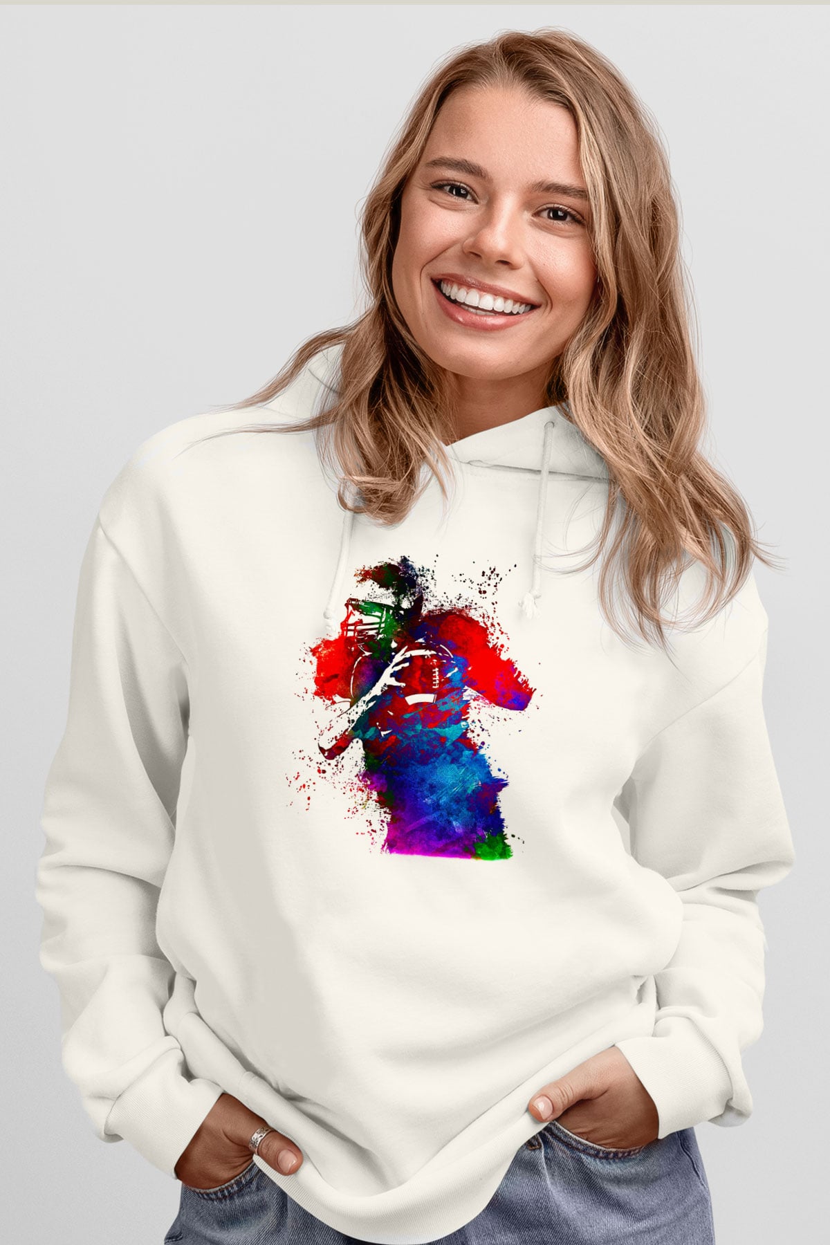 Amerikan Futbolu Baskılı Unisex Ekru Hoodie