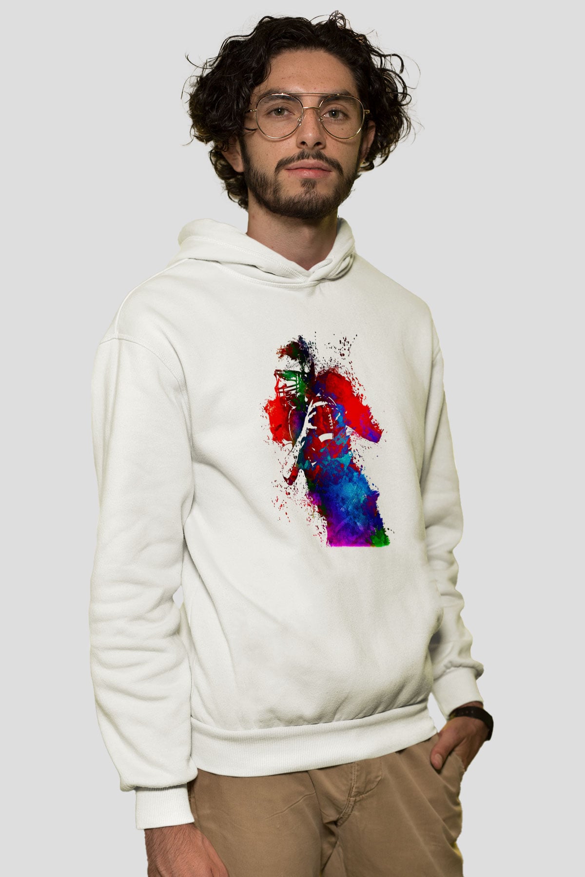 Amerikan Futbolu Baskılı Unisex Ekru Hoodie