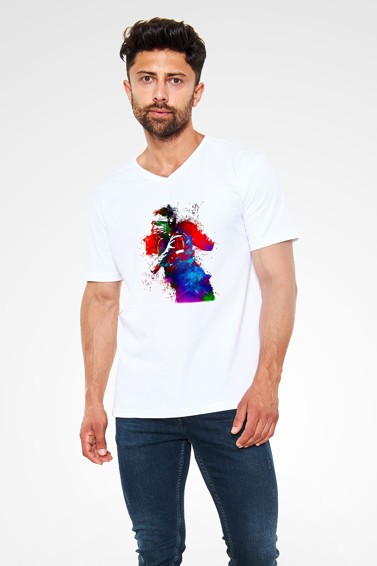 Amerikan Futbolu Baskılı Unisex V Yaka Tişört - Tshirt