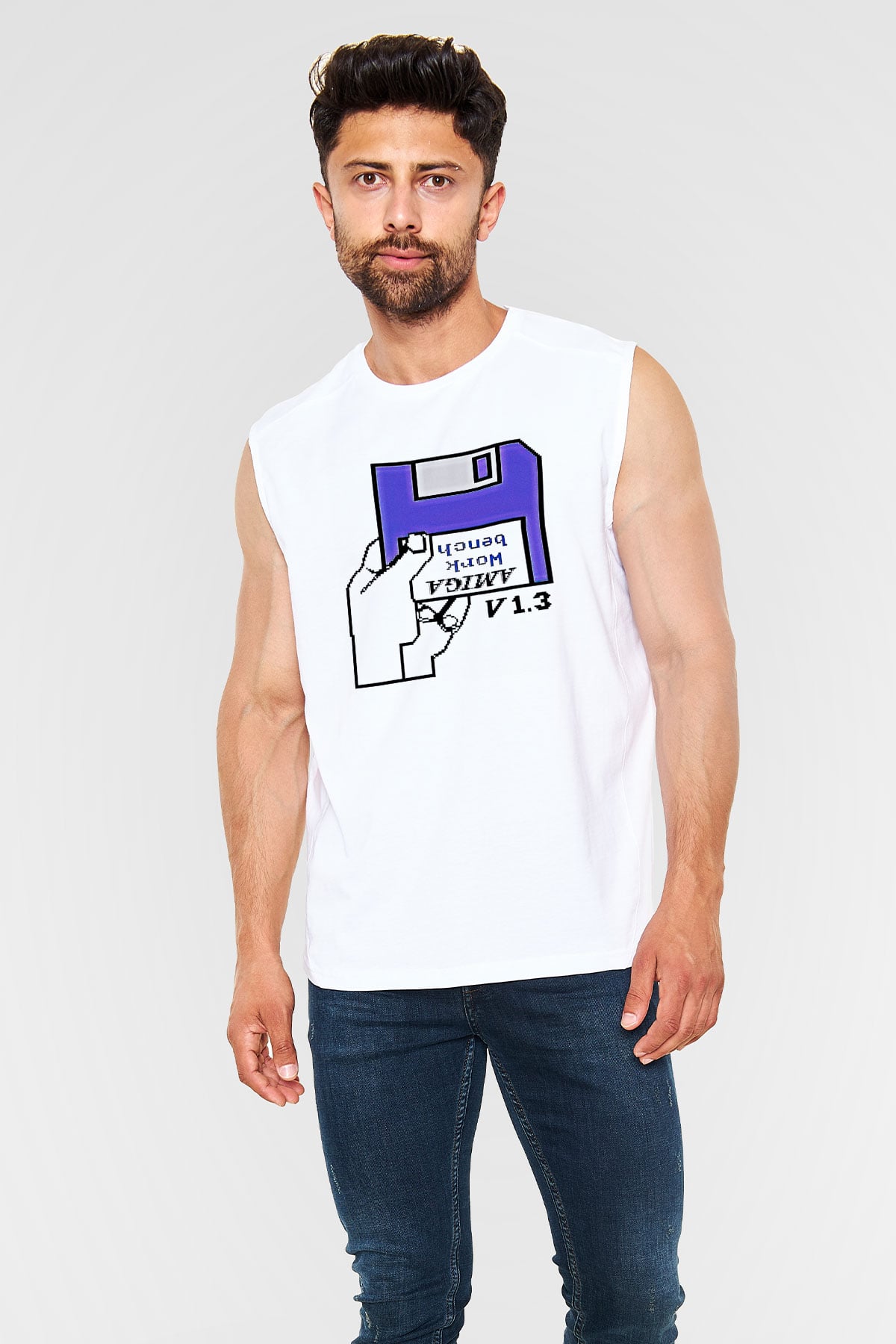 Amiga 500 Baskılı Beyaz Unisex Kolsuz Tişört - Tshirt