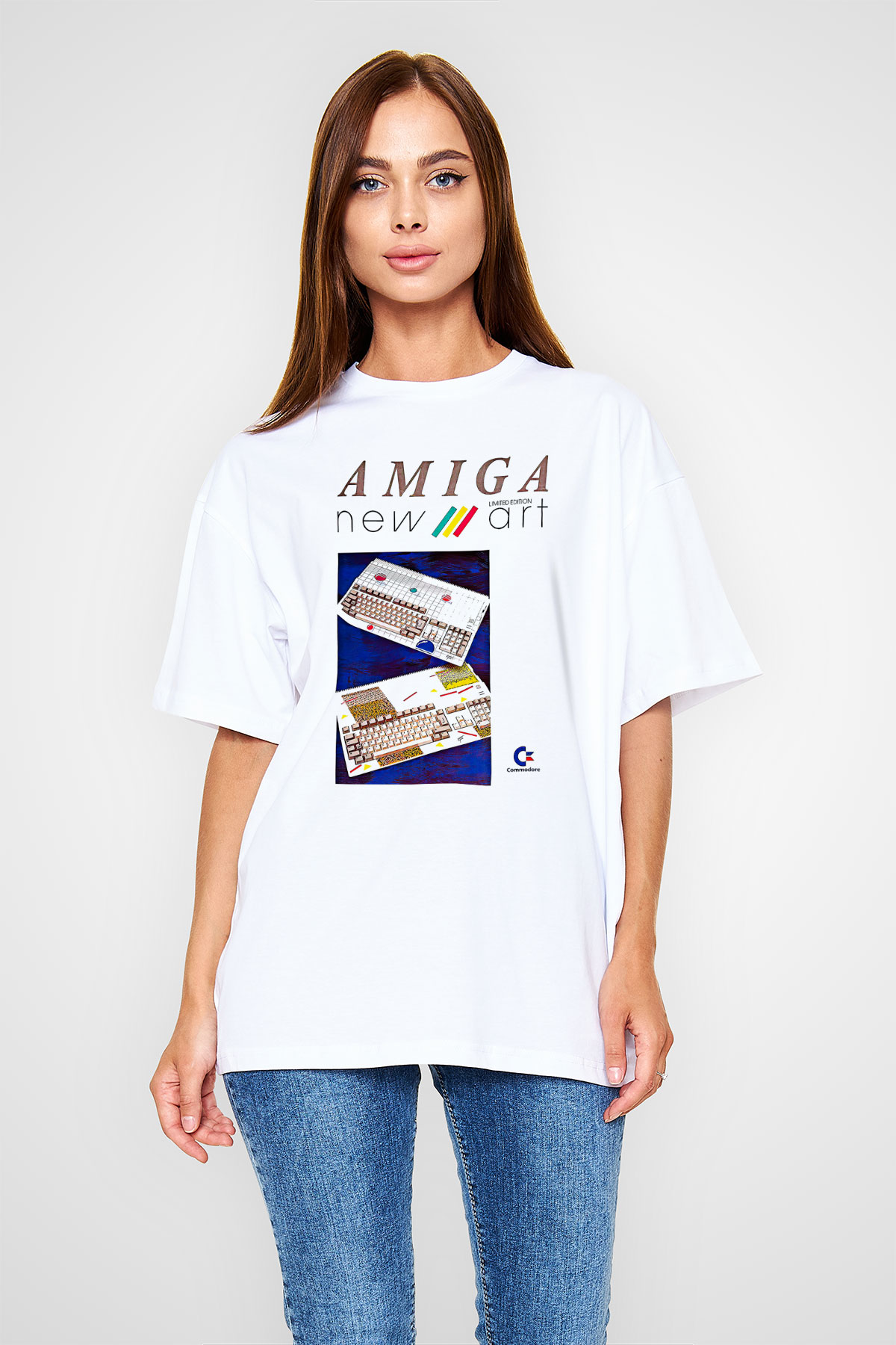 Amiga 500 Baskılı Beyaz Unisex Oversize Tişört - Tshirt