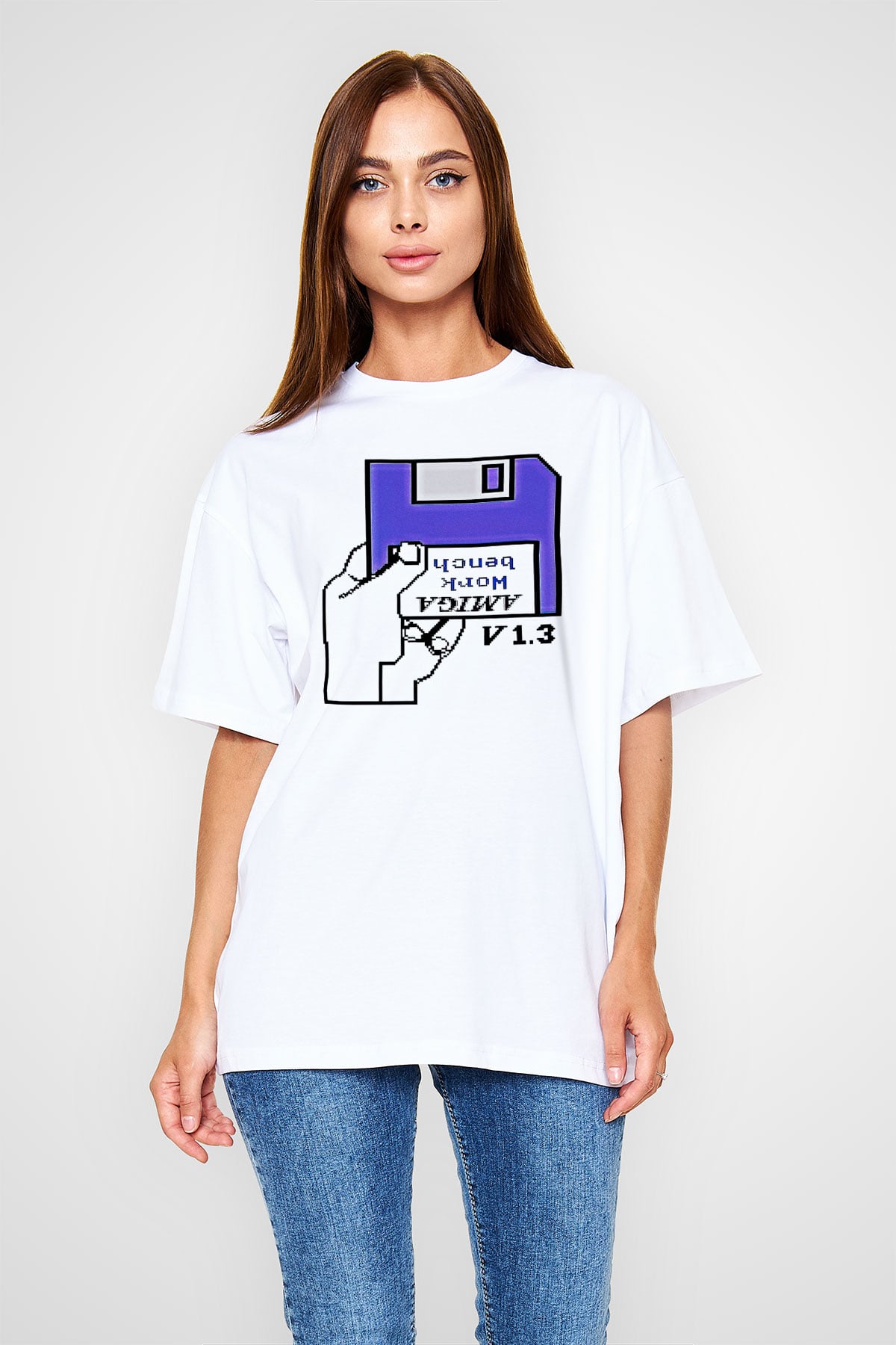 Amiga 500 Baskılı Beyaz Unisex Oversize Tişört - Tshirt