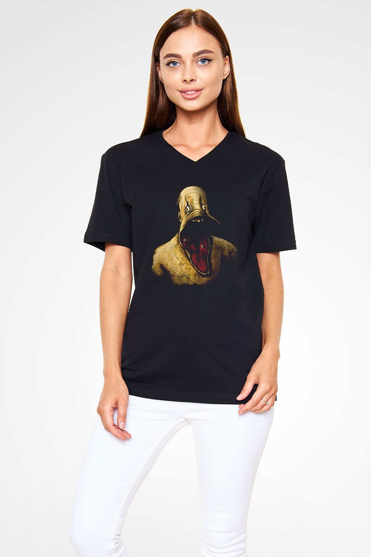 Amnesia Baskılı Unisex Siyah V Yaka Tişört - Tshirt