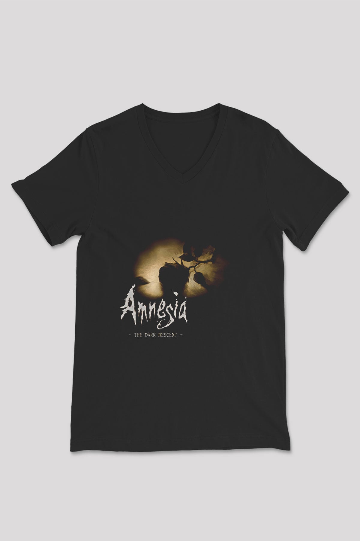 Amnesia Baskılı Unisex Siyah V Yaka Tişört - Tshirt