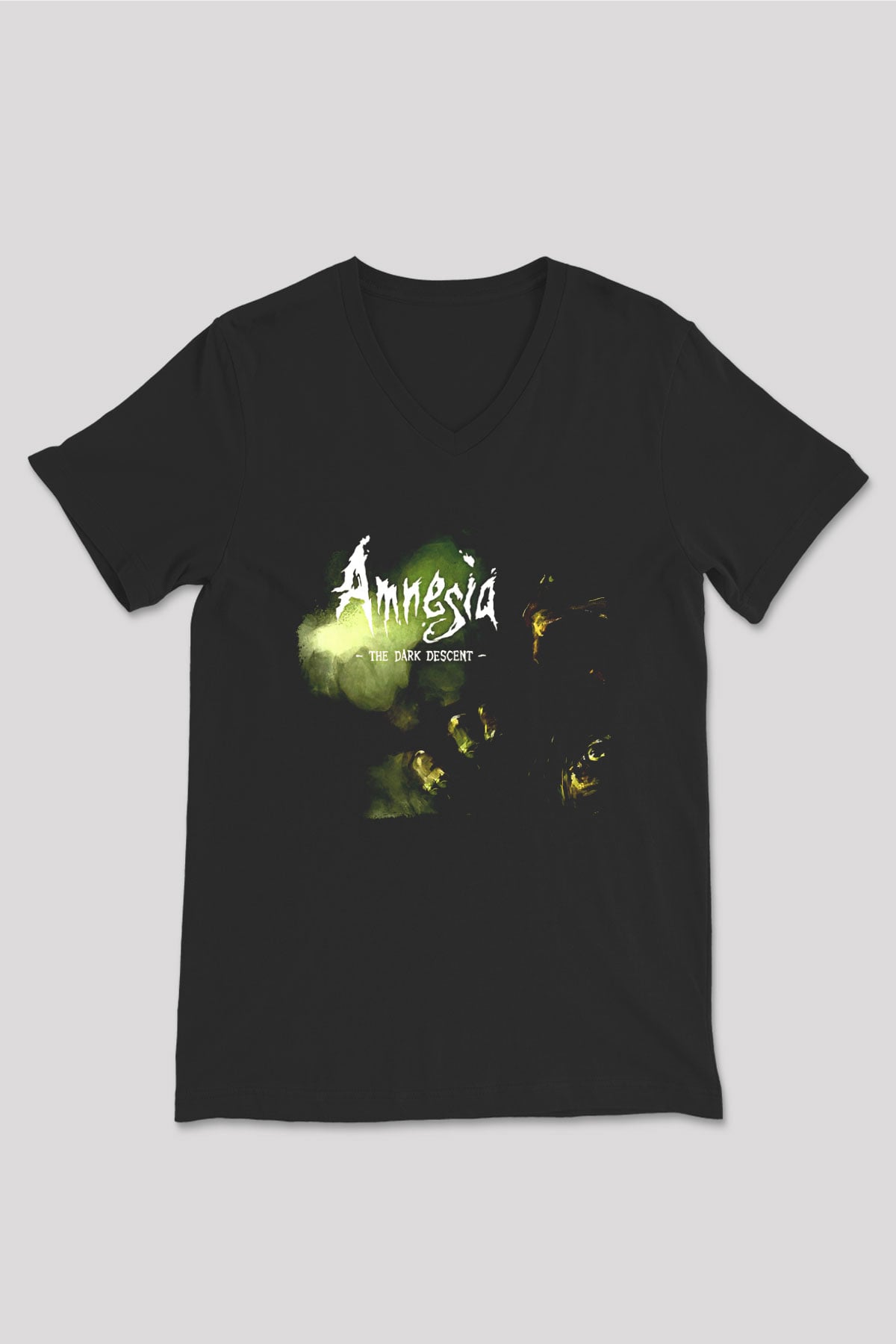 Amnesia Baskılı Unisex Siyah V Yaka Tişört - Tshirt