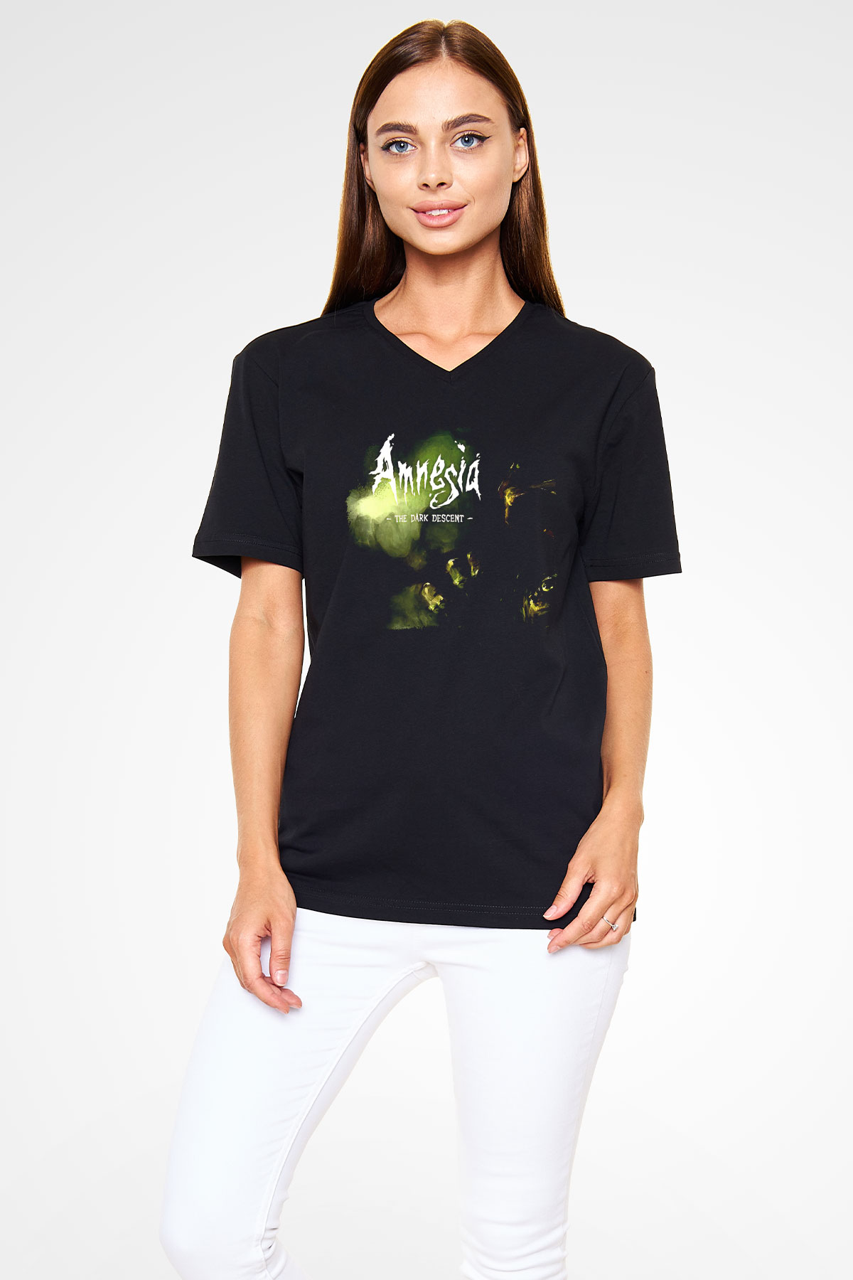 Amnesia Baskılı Unisex Siyah V Yaka Tişört - Tshirt