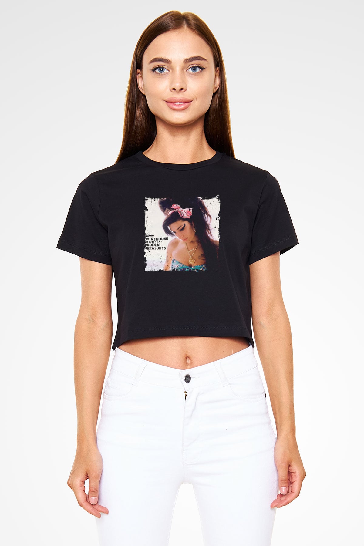 Amy Winehouse Baskılı Crop Top Siyah Kadın Tişört