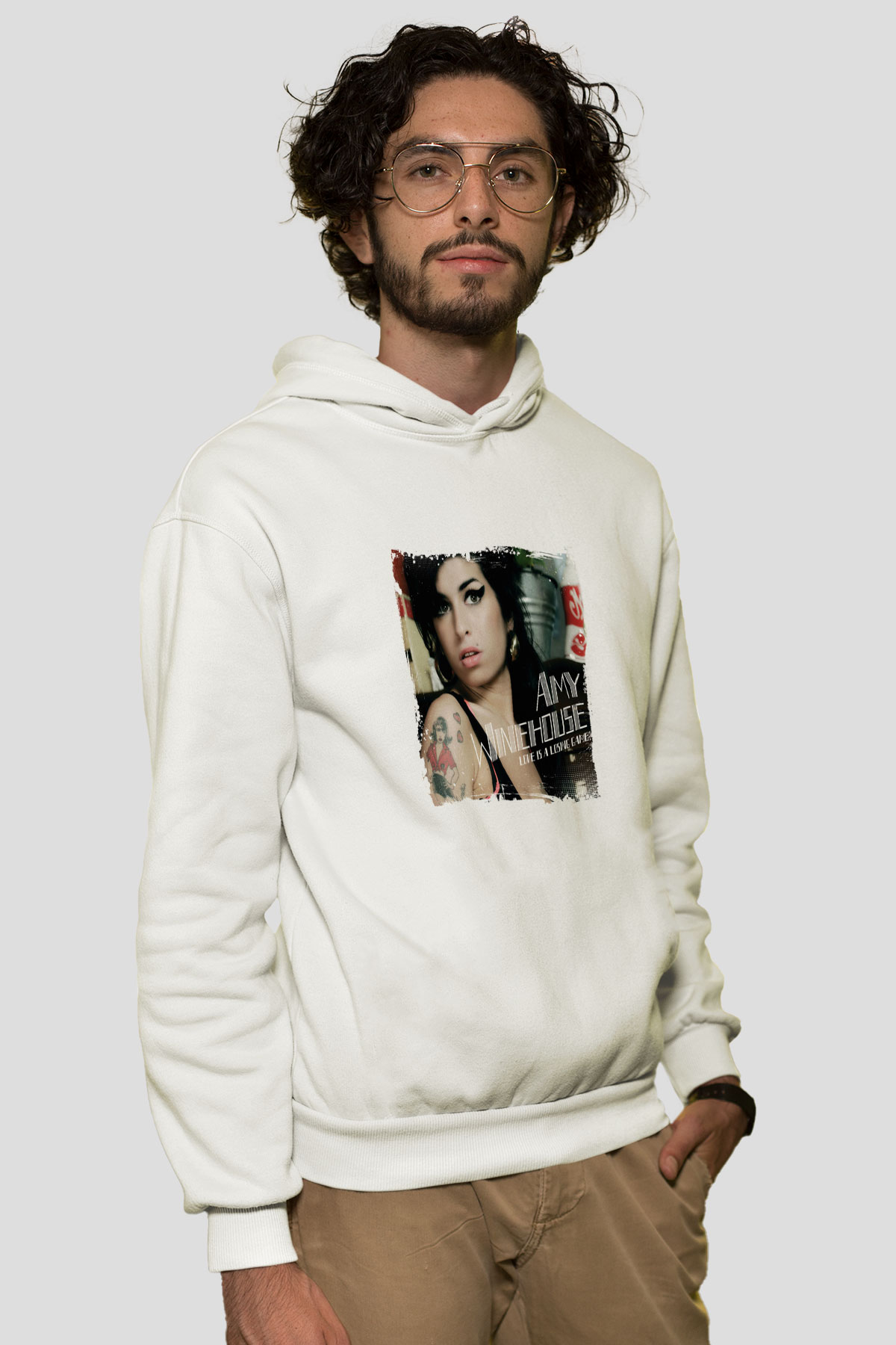 Amy Winehouse Baskılı Unisex Beyaz Kapüşonlu Sweatshirt