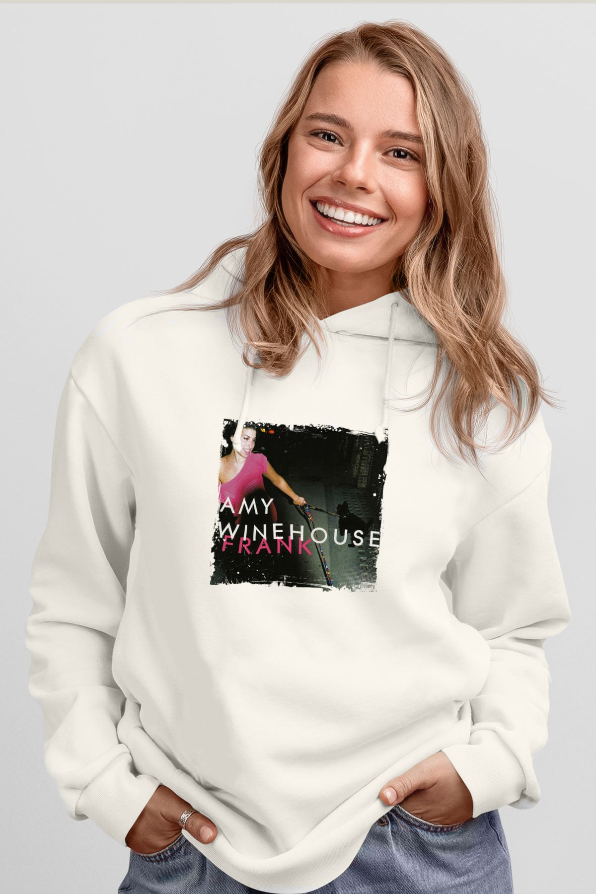 Amy Winehouse Baskılı Unisex Beyaz Kapüşonlu Sweatshirt