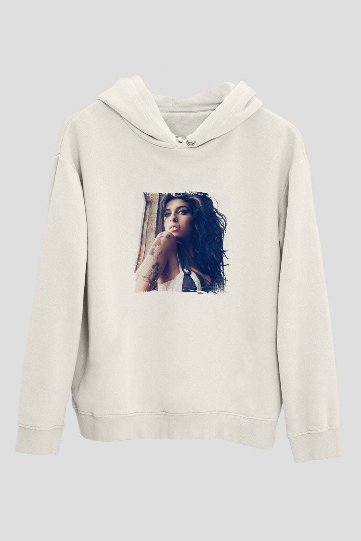 Amy Winehouse Baskılı Unisex Beyaz Kapüşonlu Sweatshirt
