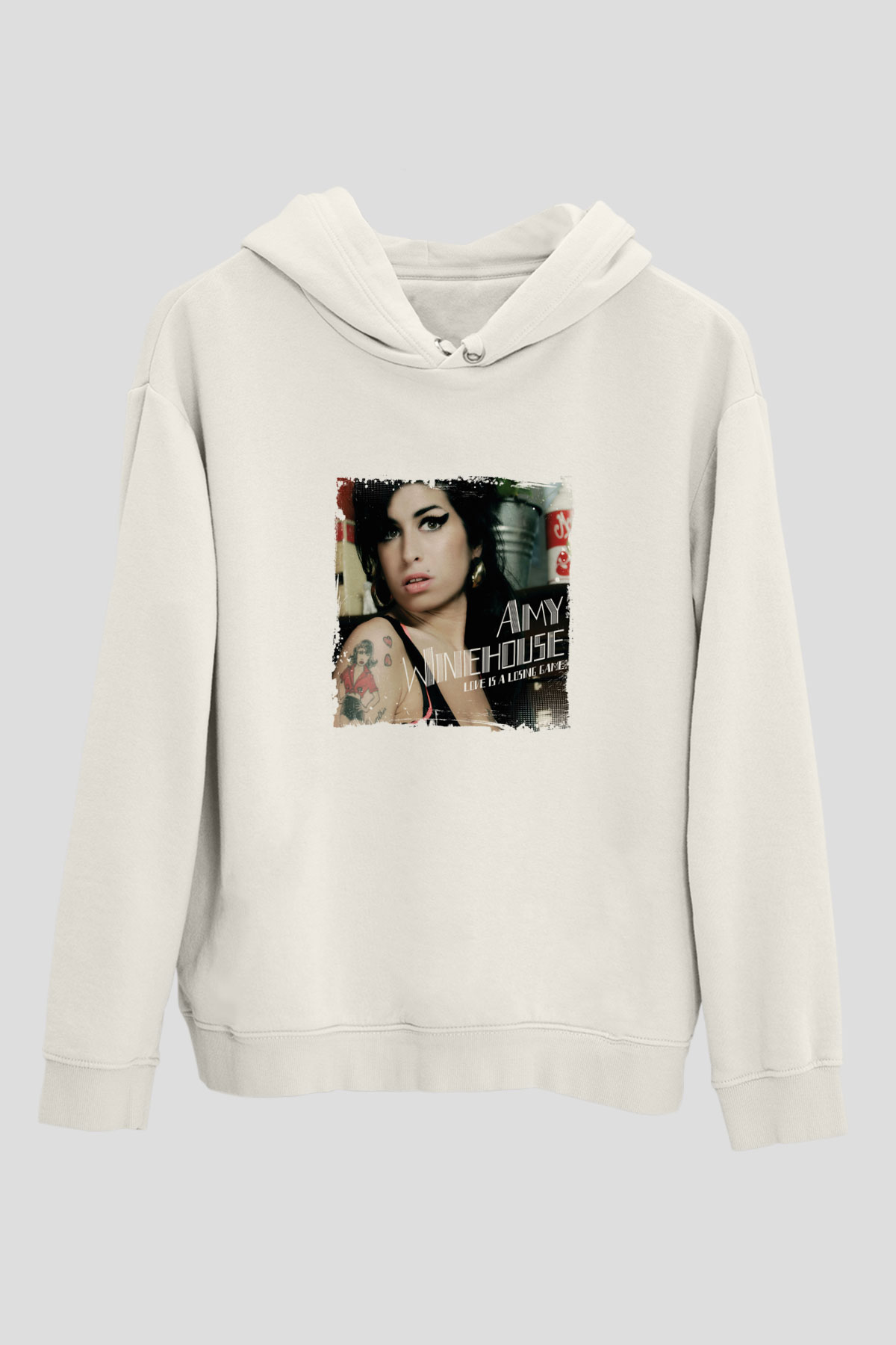 Amy Winehouse Baskılı Unisex Beyaz Kapüşonlu Sweatshirt