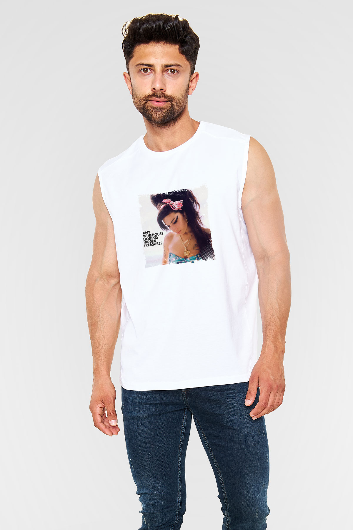 Amy Winehouse Baskılı Unisex Beyaz Kolsuz Tişört