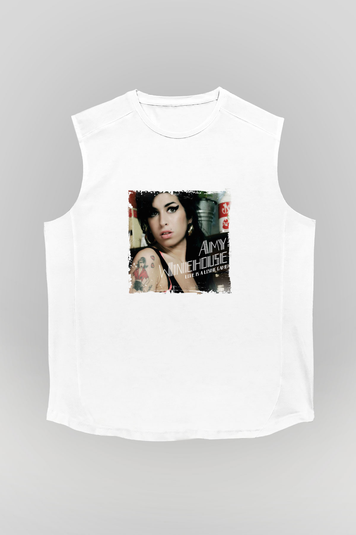 Amy Winehouse Baskılı Unisex Beyaz Kolsuz Tişört