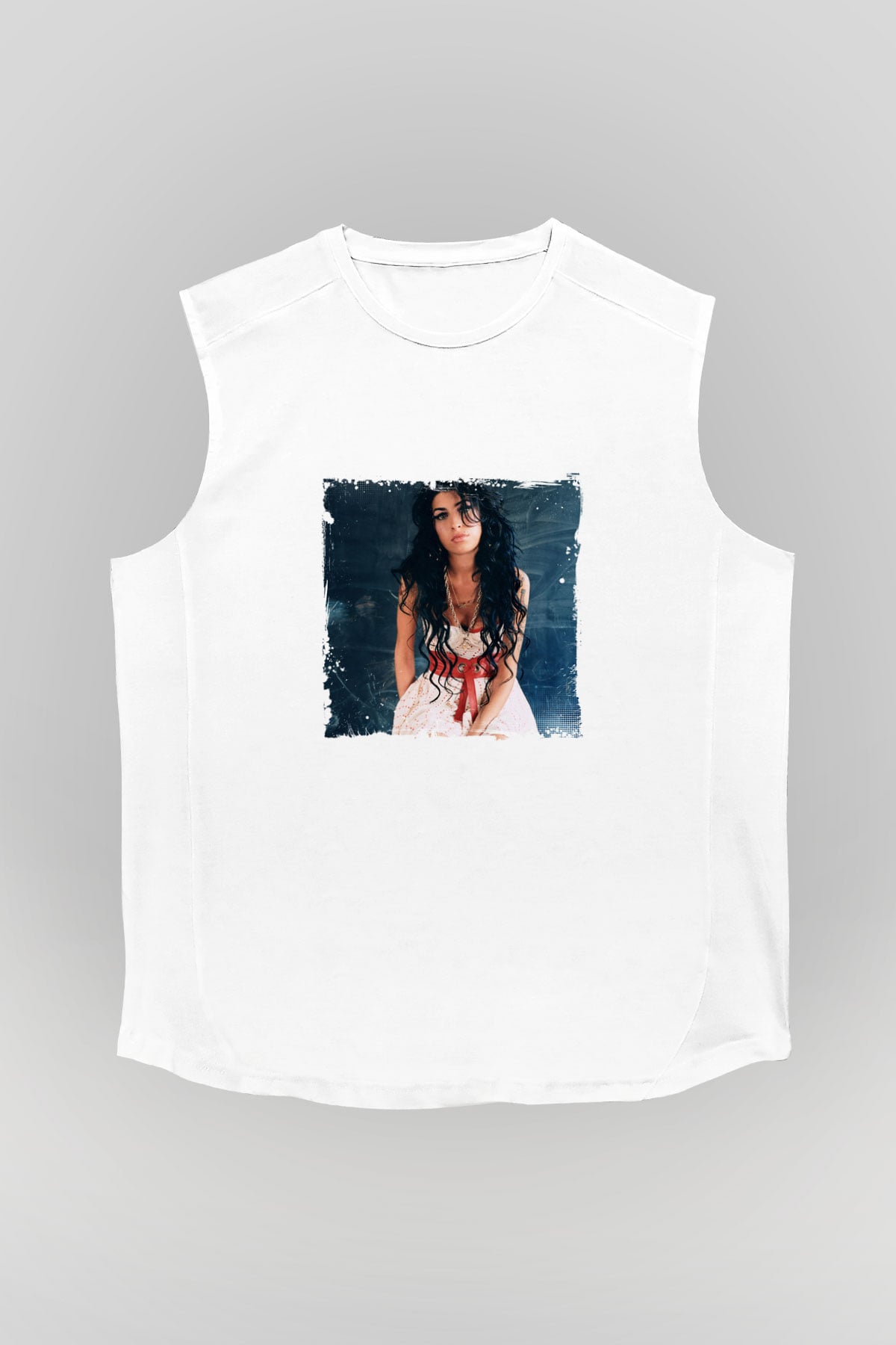 Amy Winehouse Baskılı Unisex Beyaz Kolsuz Tişört