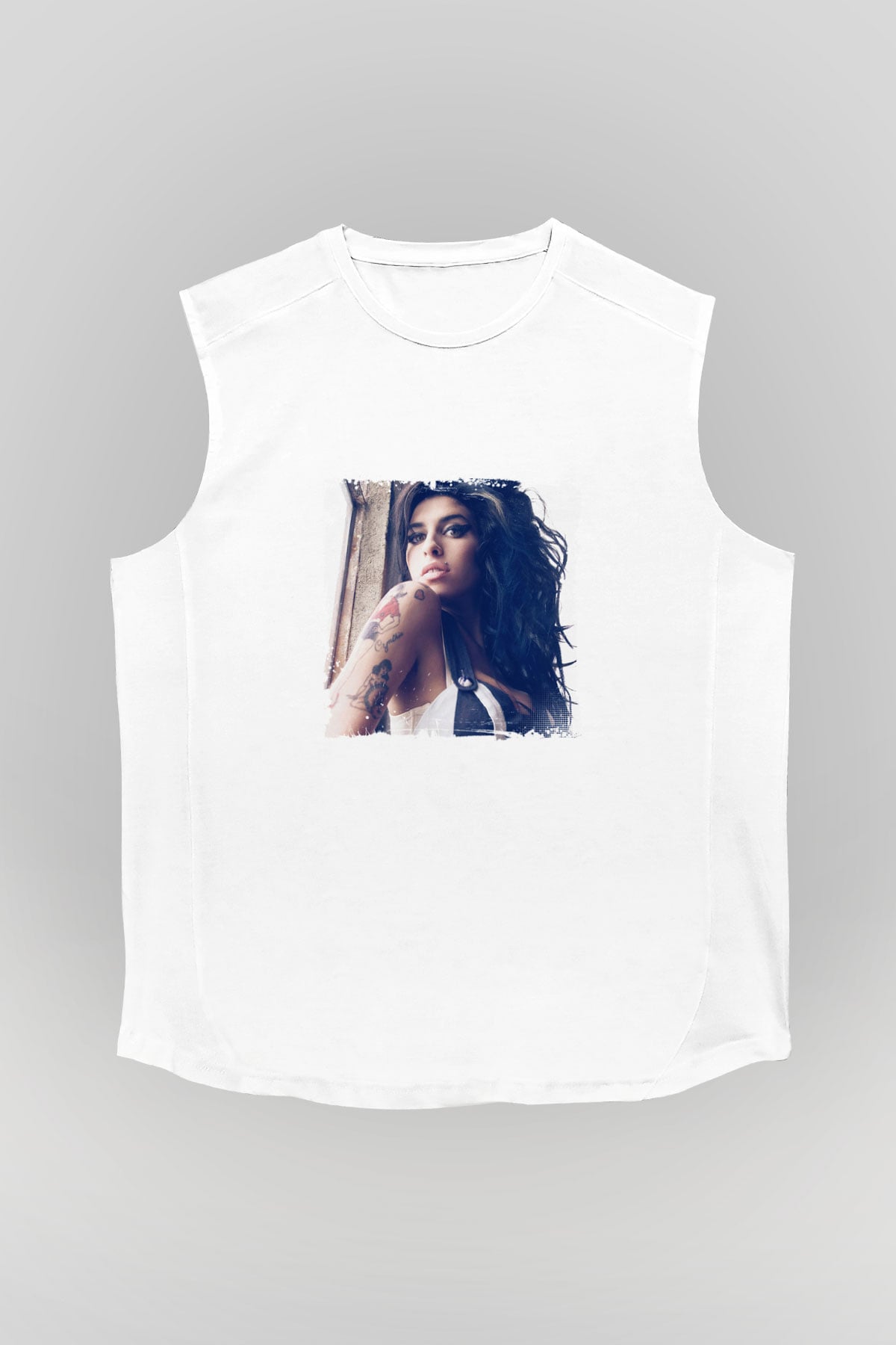 Amy Winehouse Baskılı Unisex Beyaz Kolsuz Tişört